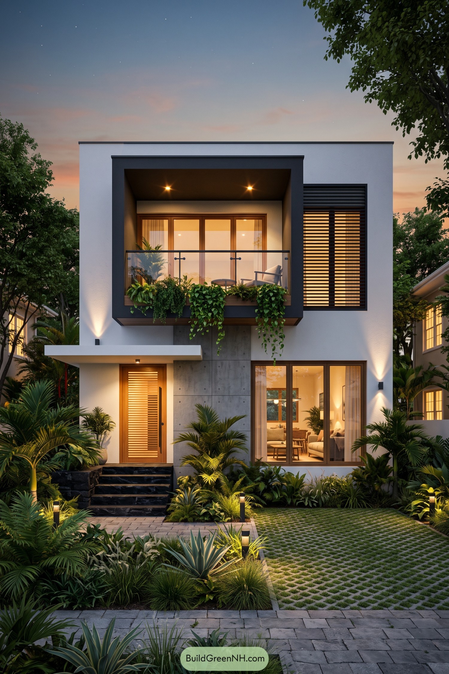 Modern two-story home with recessed balcony and lush planting