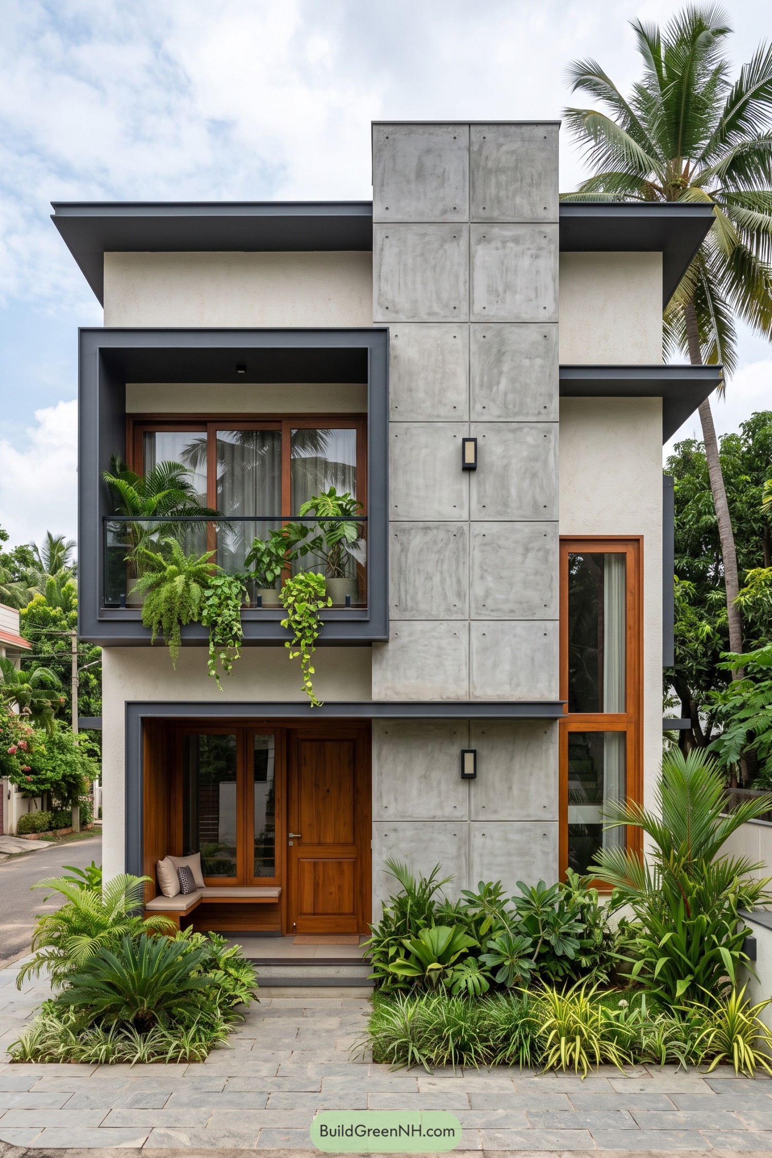 Narrow modern home with concrete panels and balcony plants