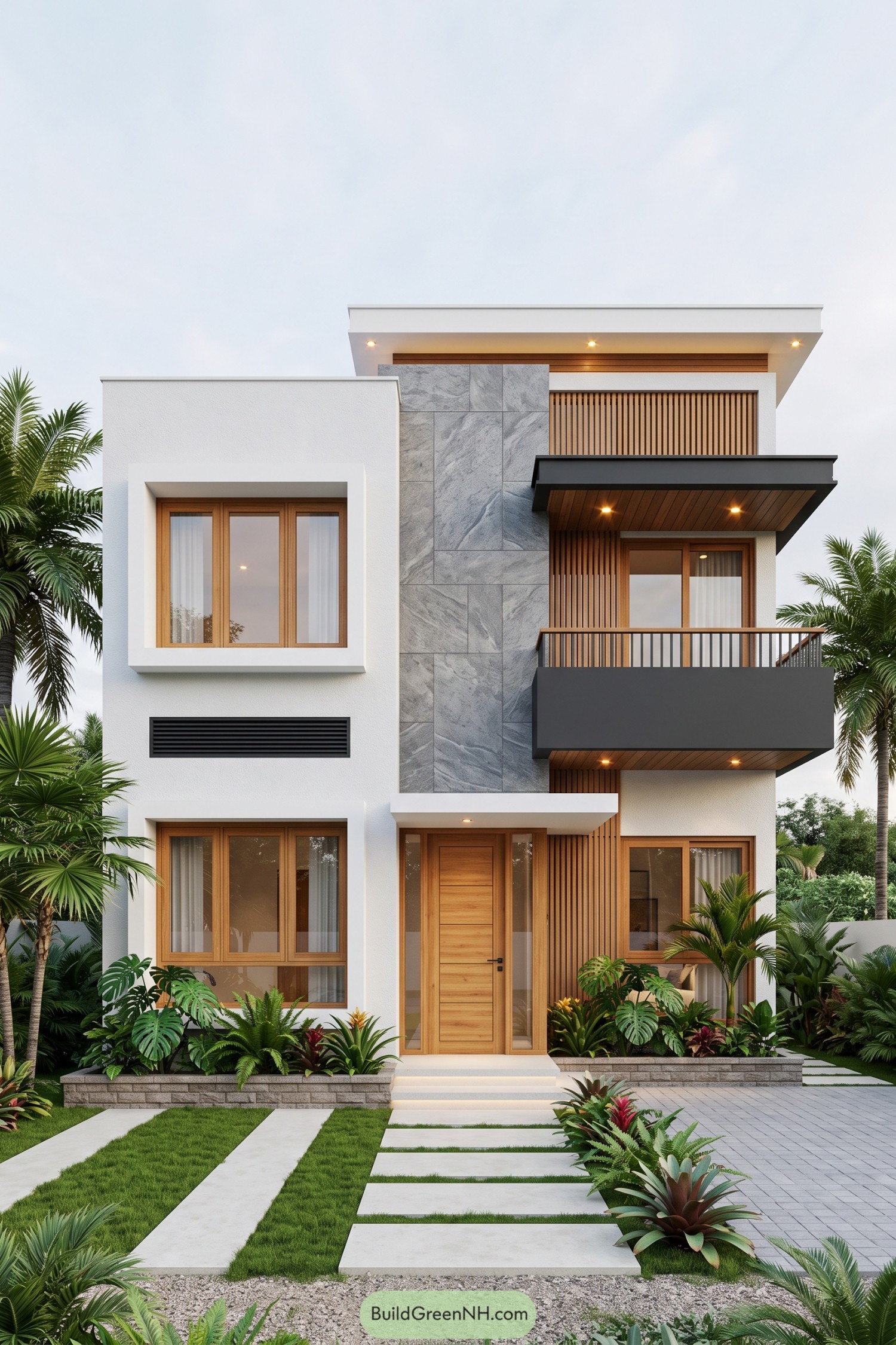 Contemporary tropical home with stone cladding and timber screens
