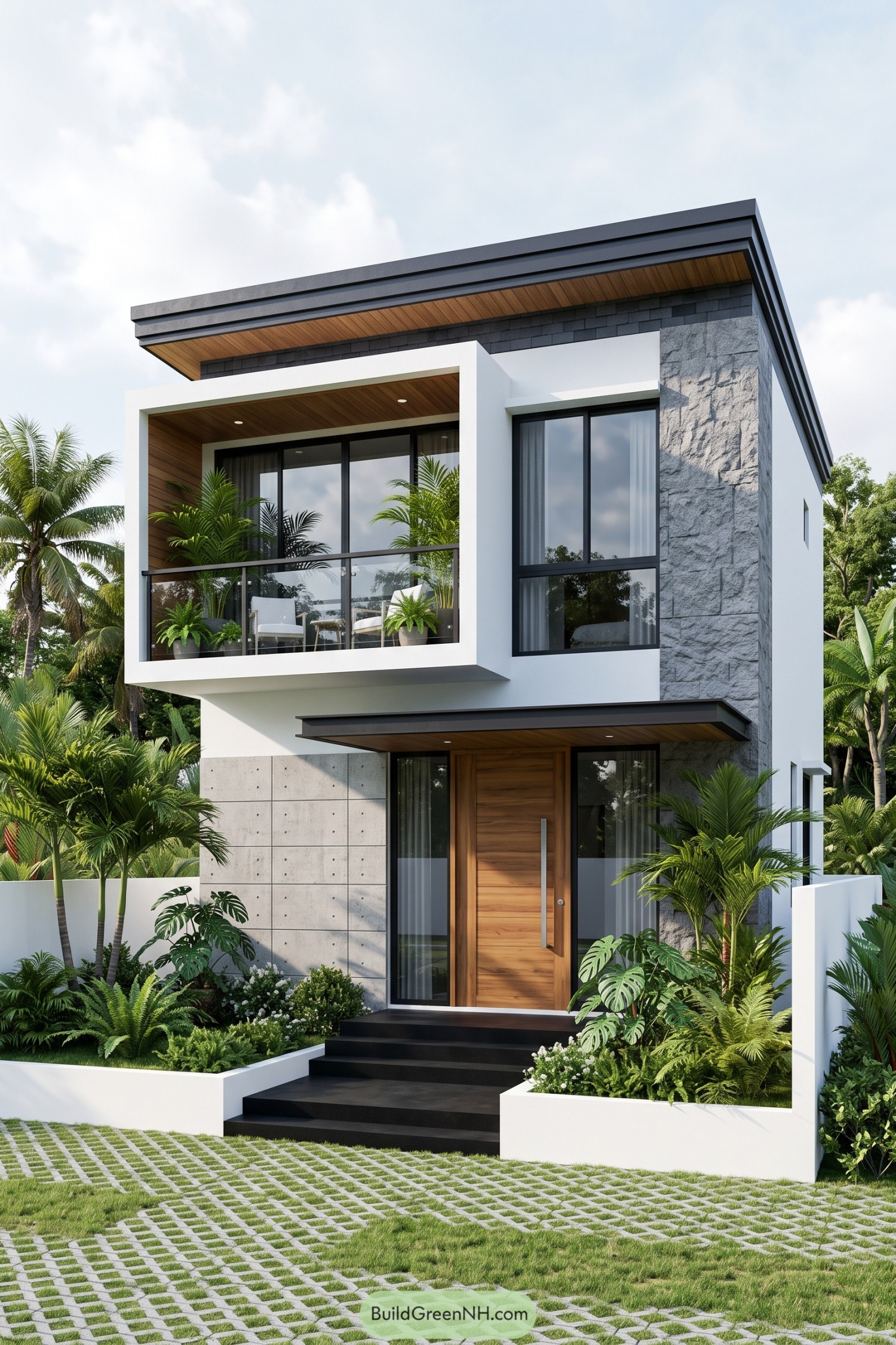 Modern tropical house with stone facade and balcony garden