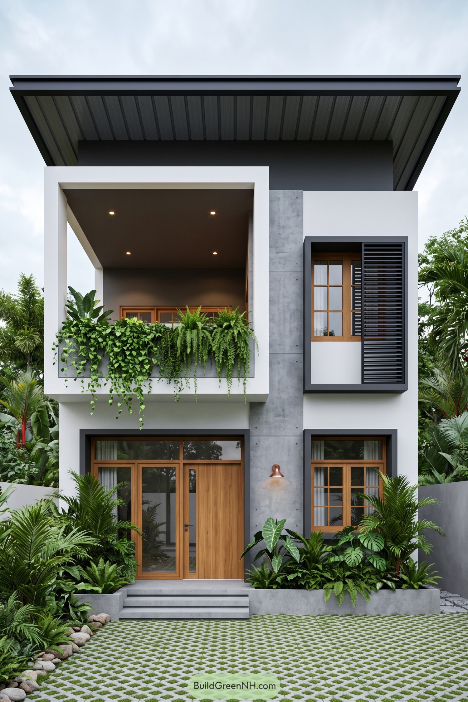 Contemporary tropical home with cascading planter balcony and louvered window screen