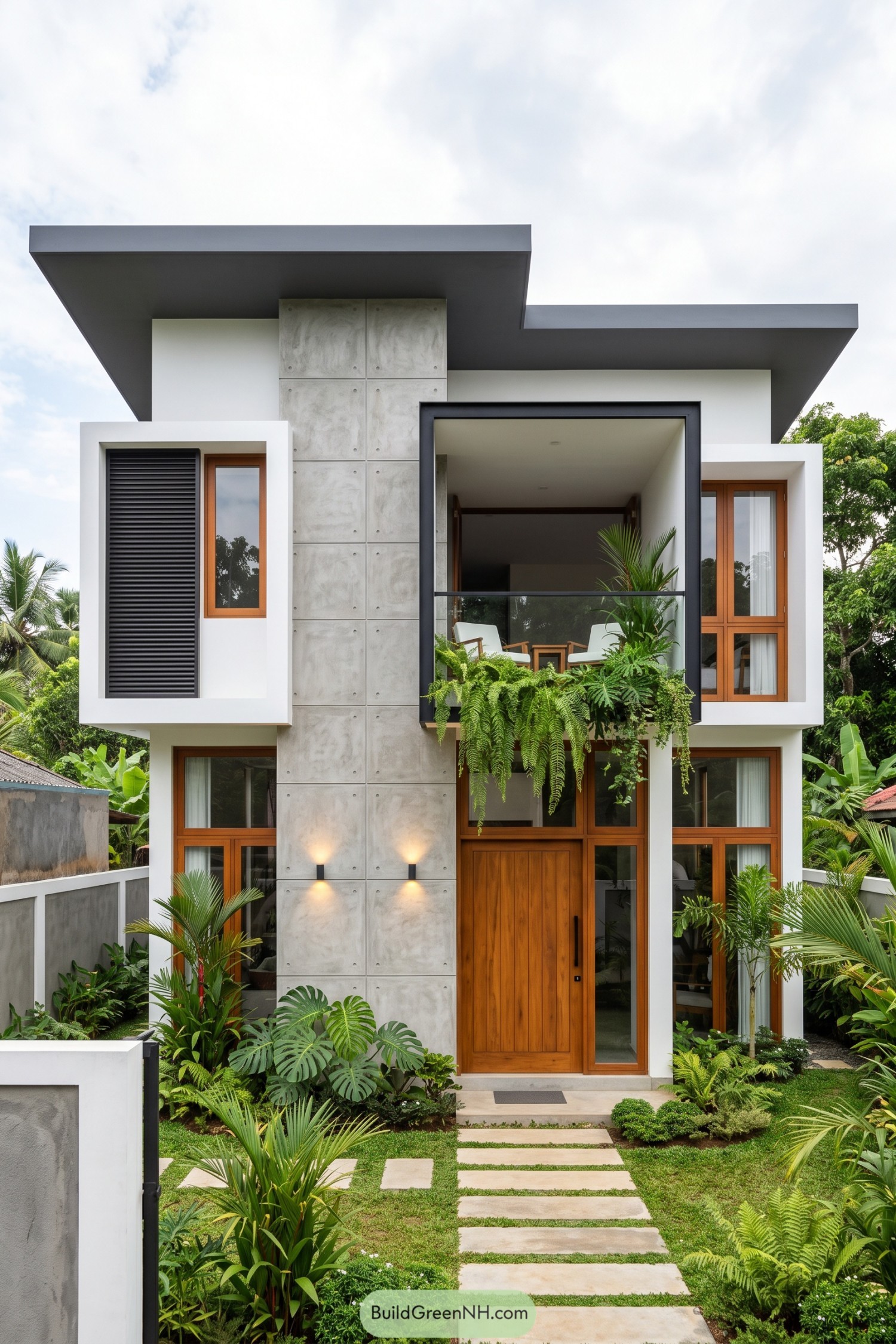 Modern two-story home with concrete panels timber windows and lush plants