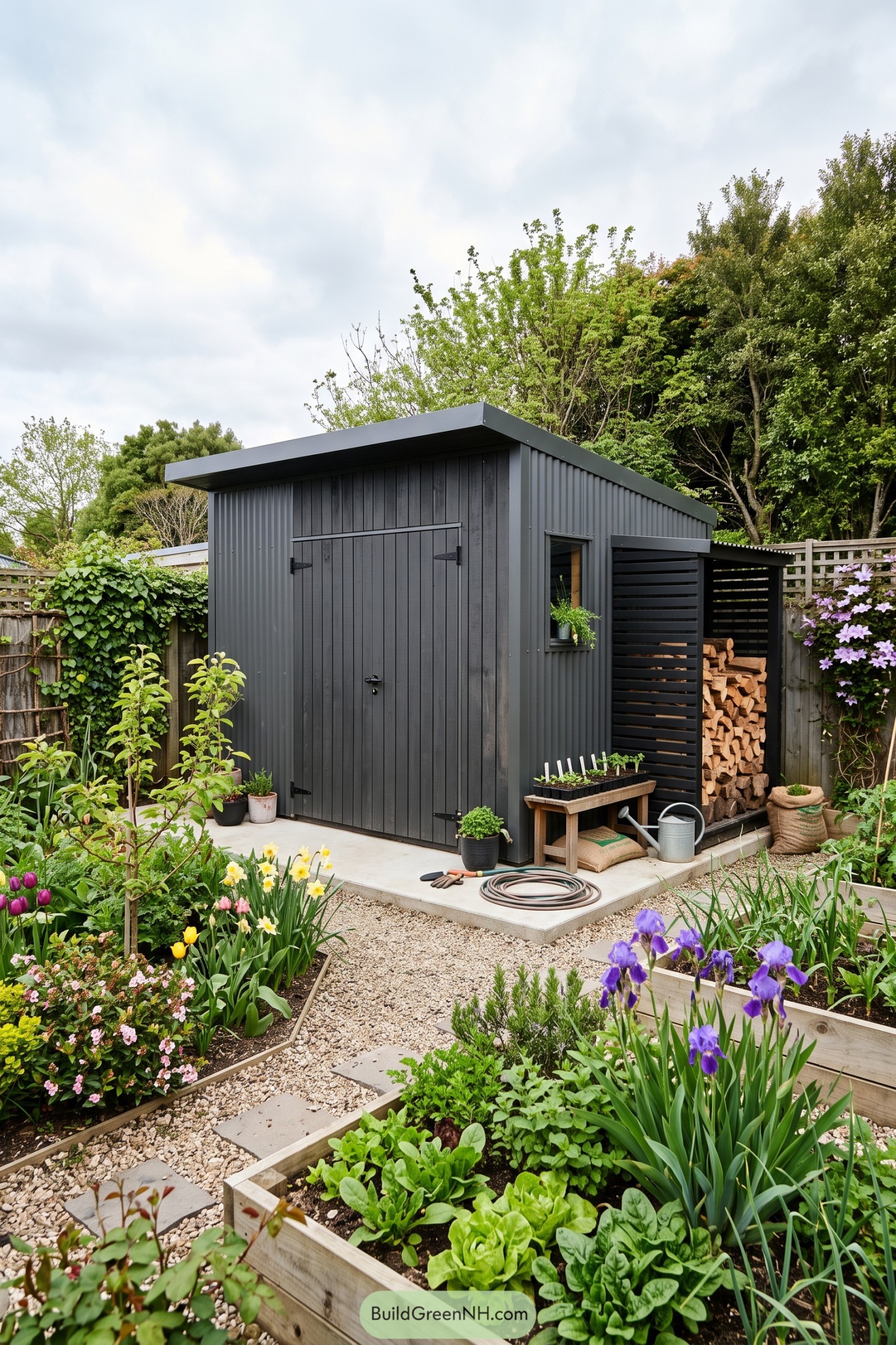 Dark vertical-clad garden shed with covered firewood storage