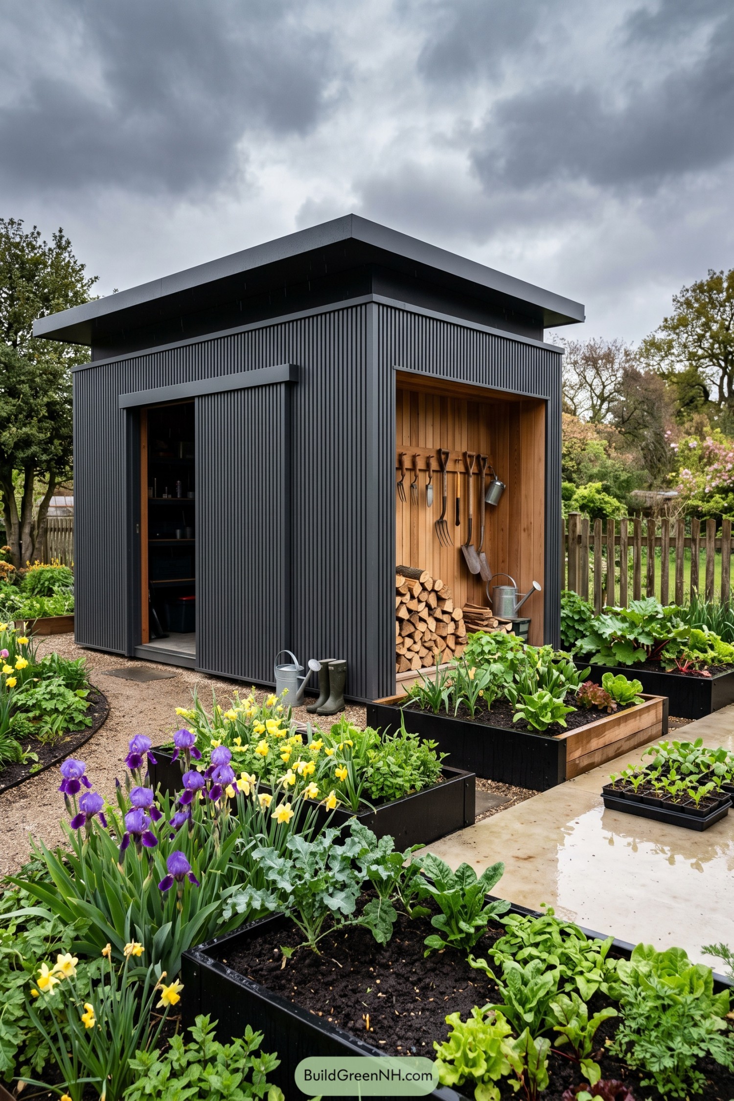 Charcoal ribbed garden shed with open tool bay and wood storage