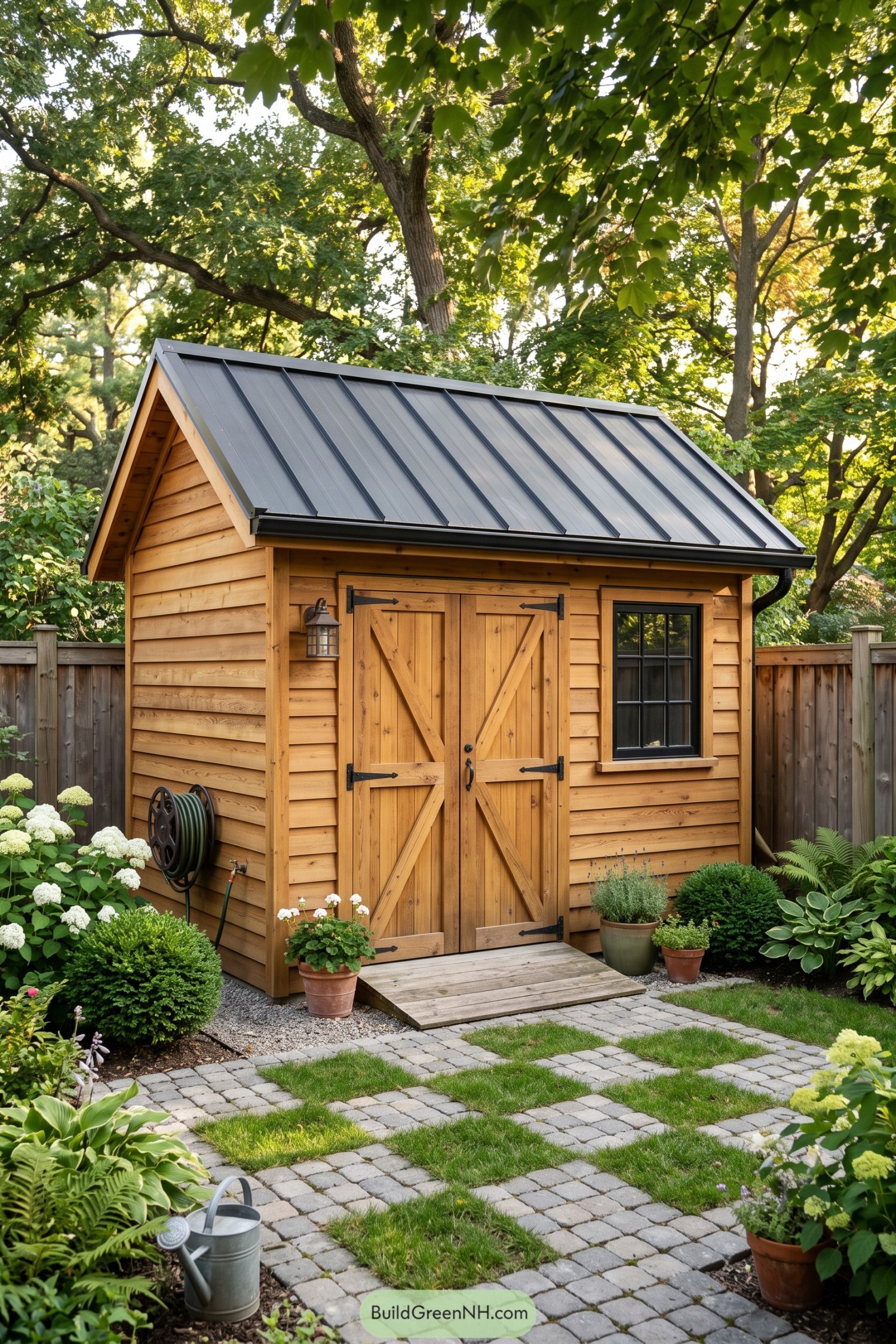 Cedar shed with black metal roof and double barn doors