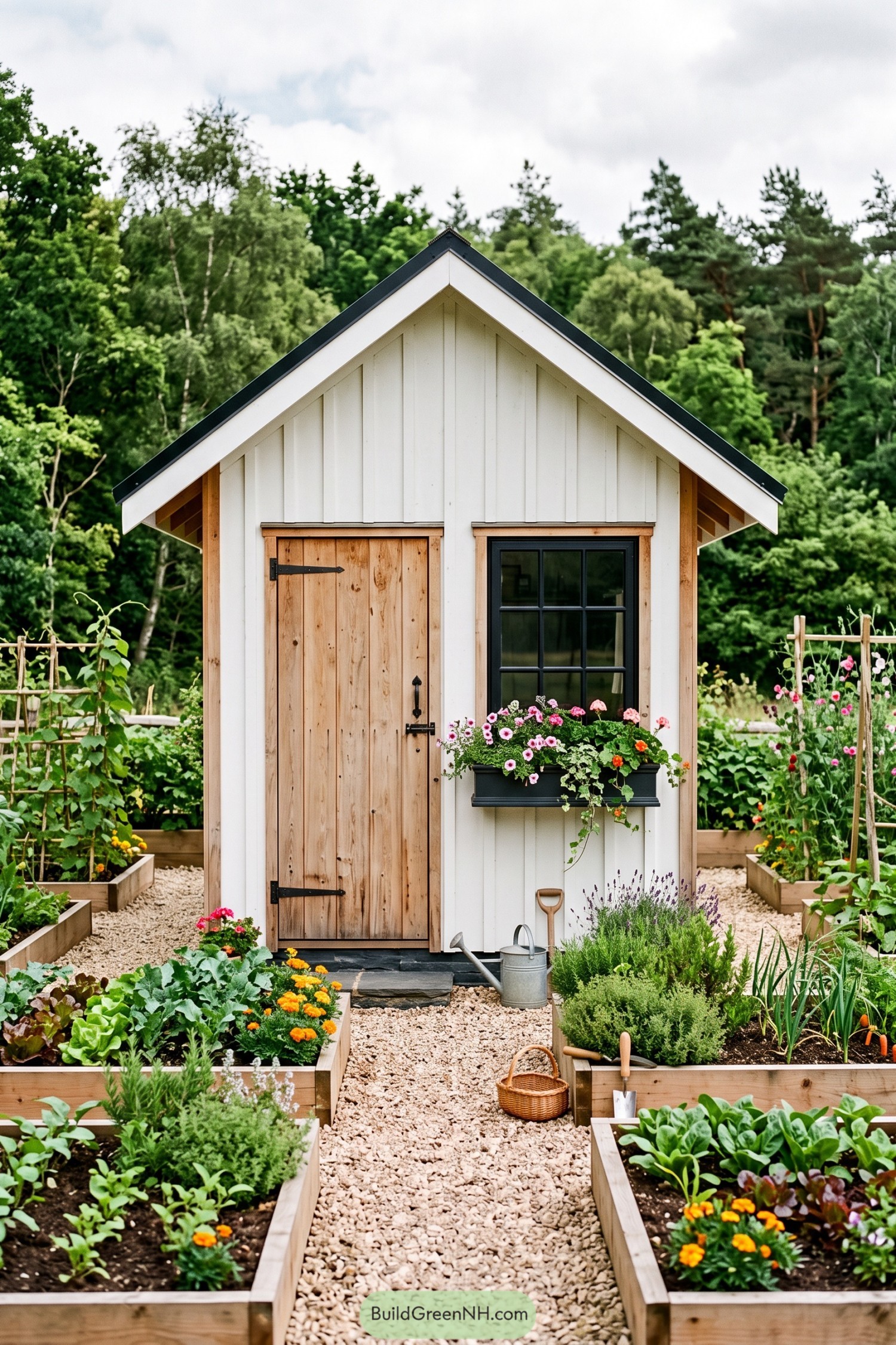 White garden shed with timber door and flower box among raised vegetable beds