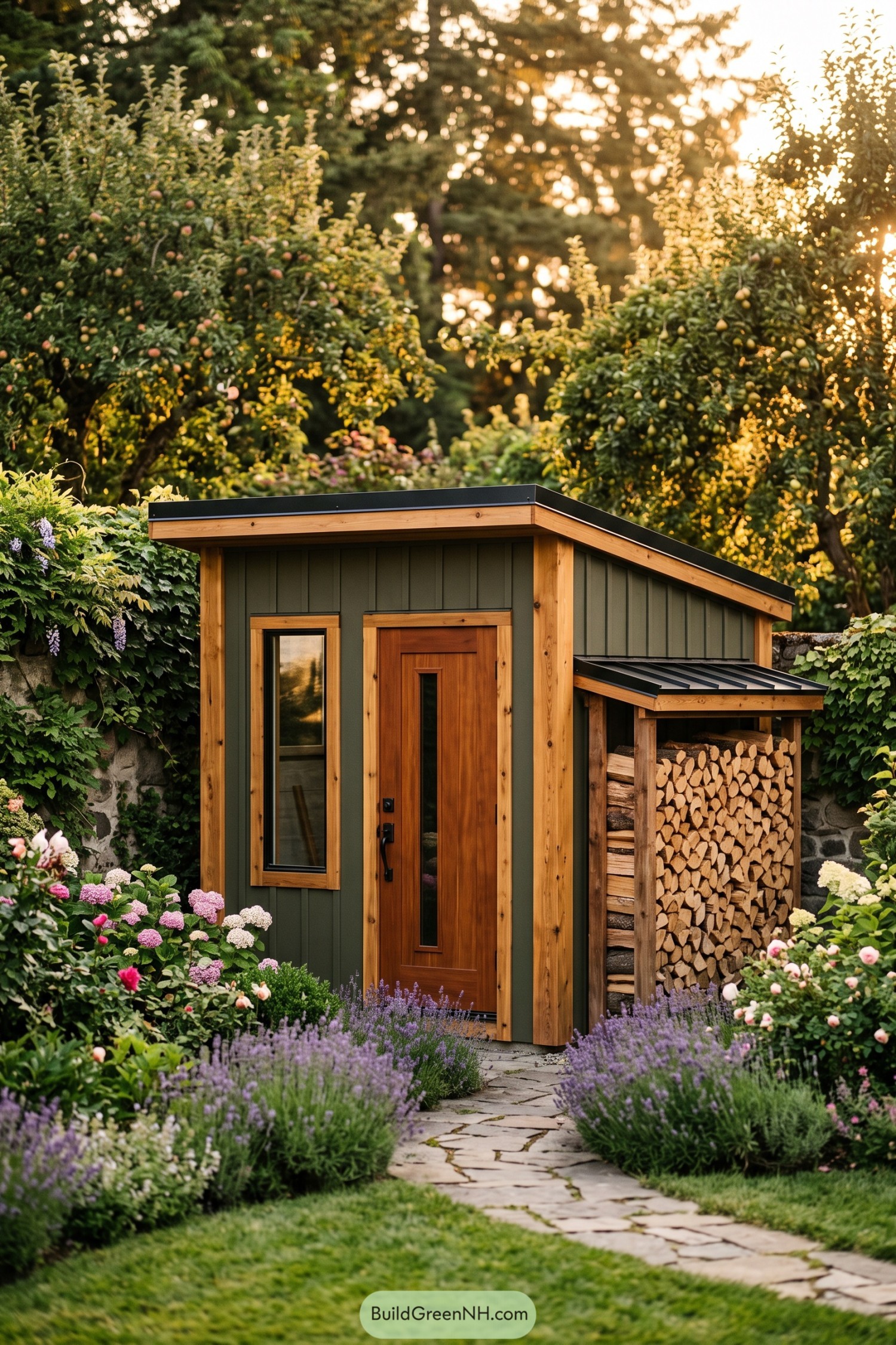 Green garden shed with cedar trim and covered firewood storage
