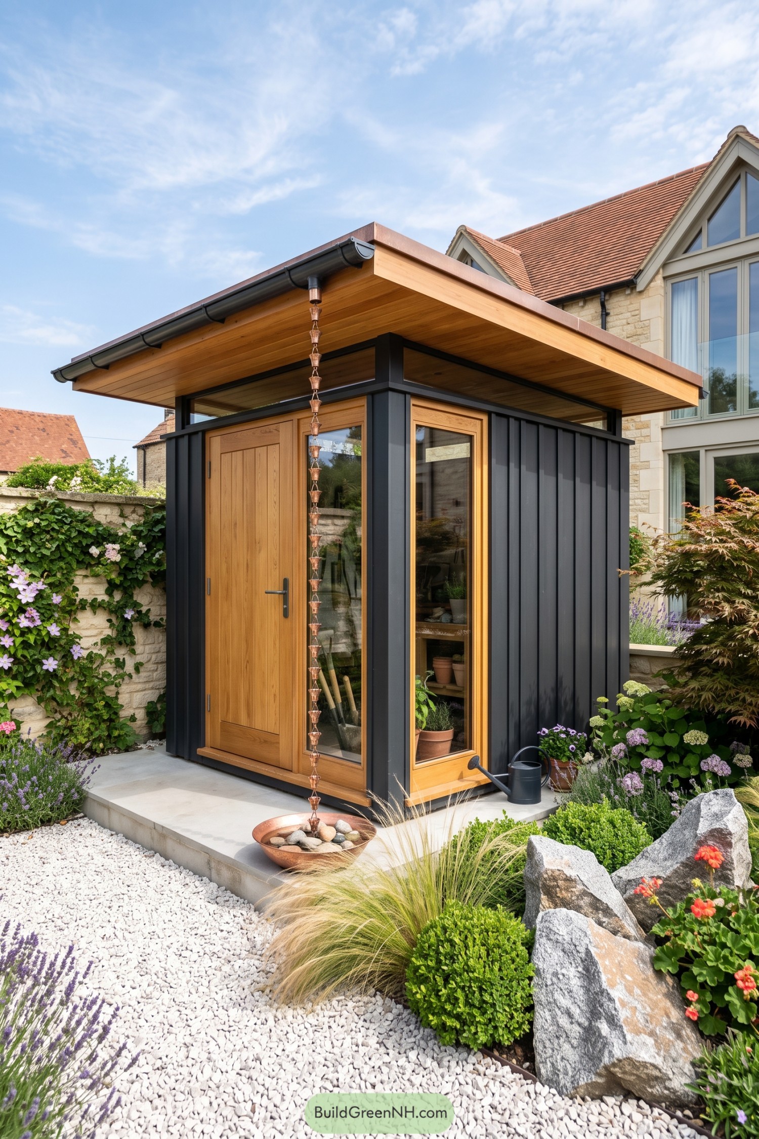 Compact black clad shed with timber door copper rain chain and broad roof canopy