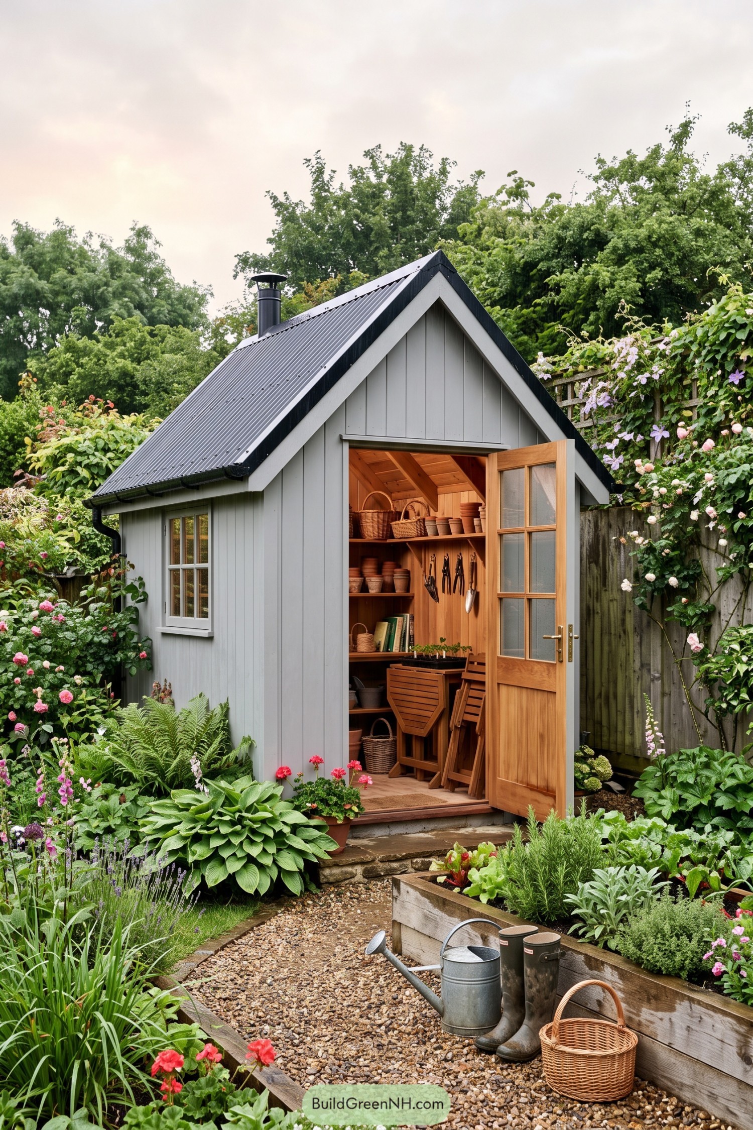 Gray gable shed with open wood door in flower garden
