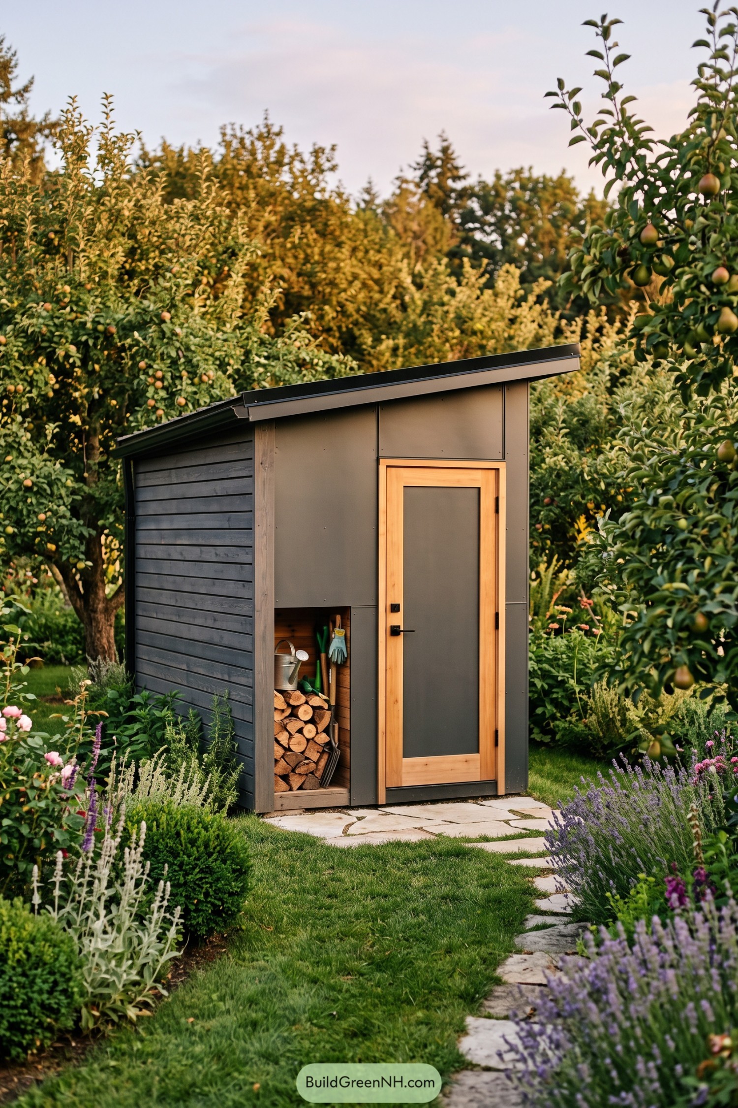 Compact charcoal shed with cedar-framed door beside an open log bay