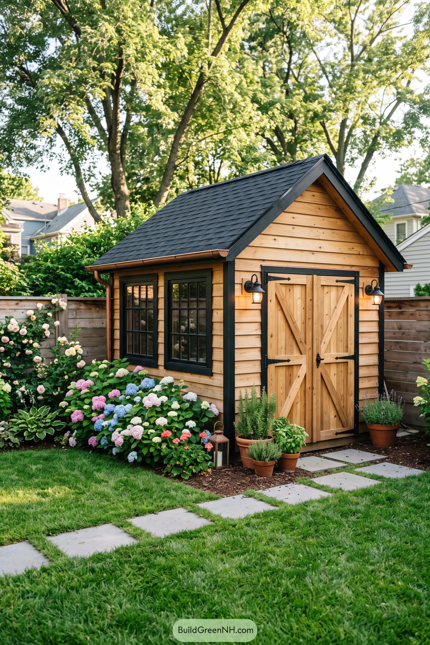 Cedar shed with black trim and barn doors beside hydrangeas
