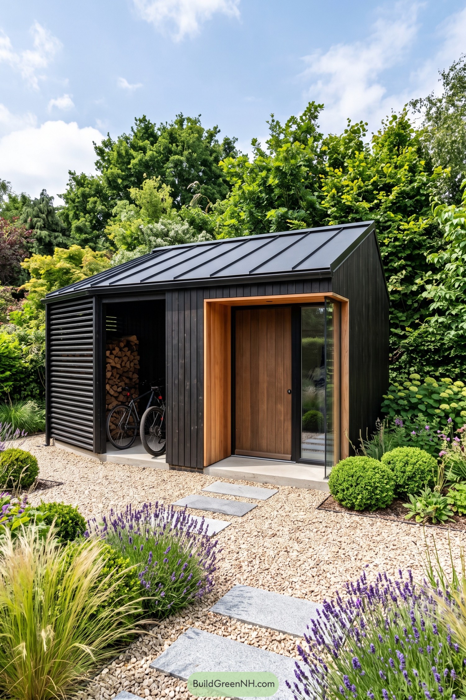 Black garden shed with cedar entry and bike bay