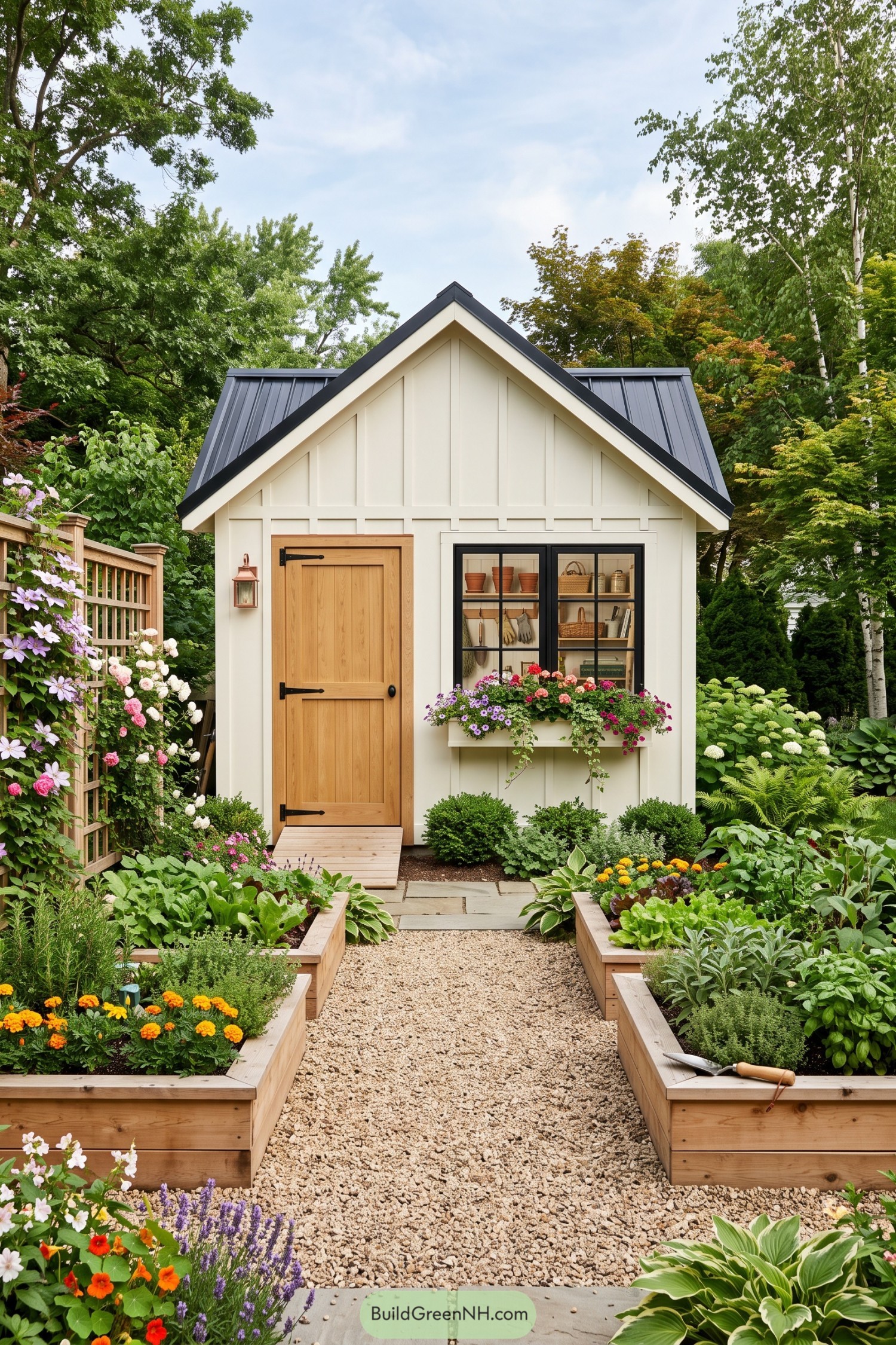 Cream gable shed with wood door and flower box