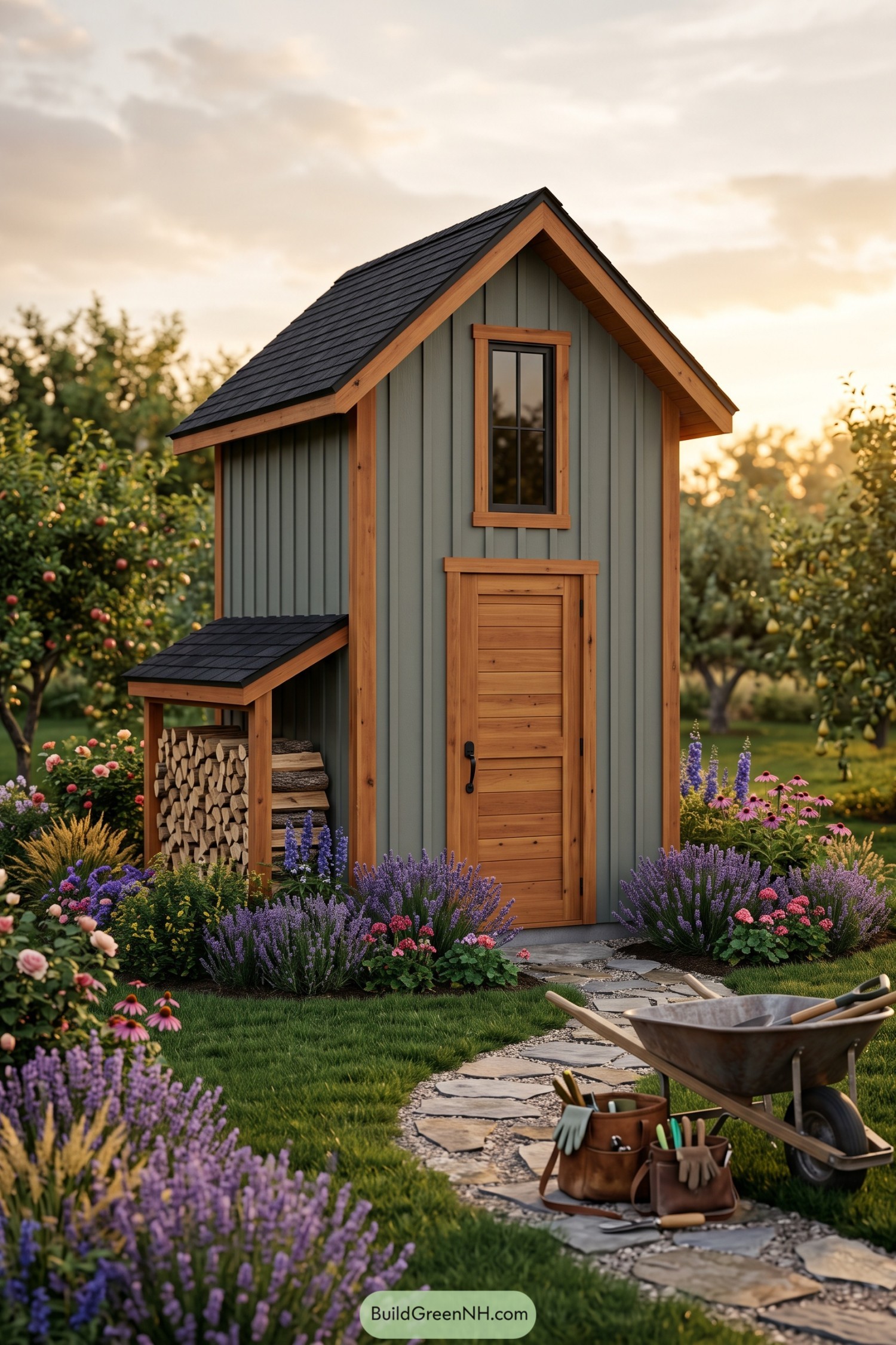 Tall sage green shed with cedar trim and covered firewood storage