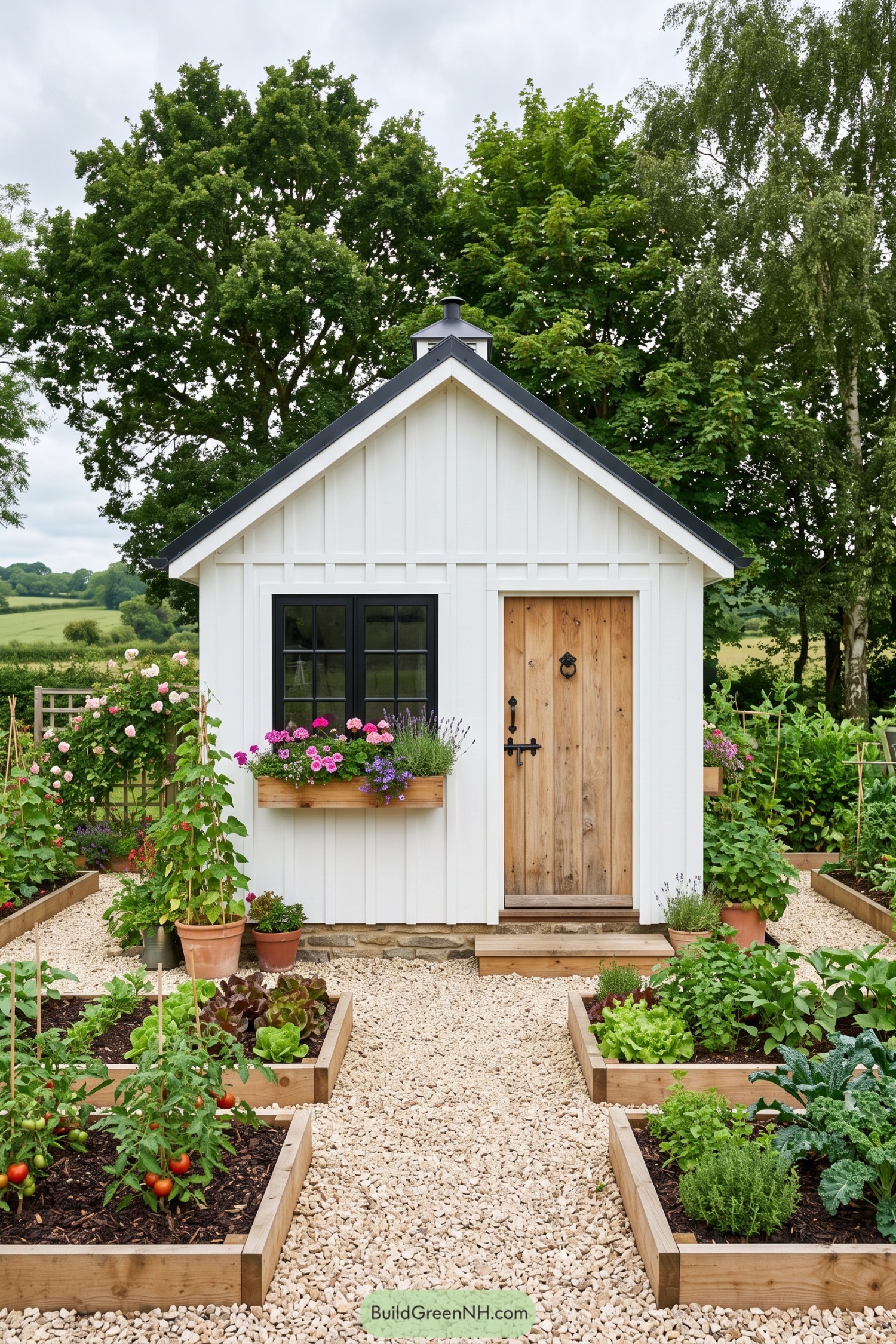 White gable shed with timber door beside vegetable beds