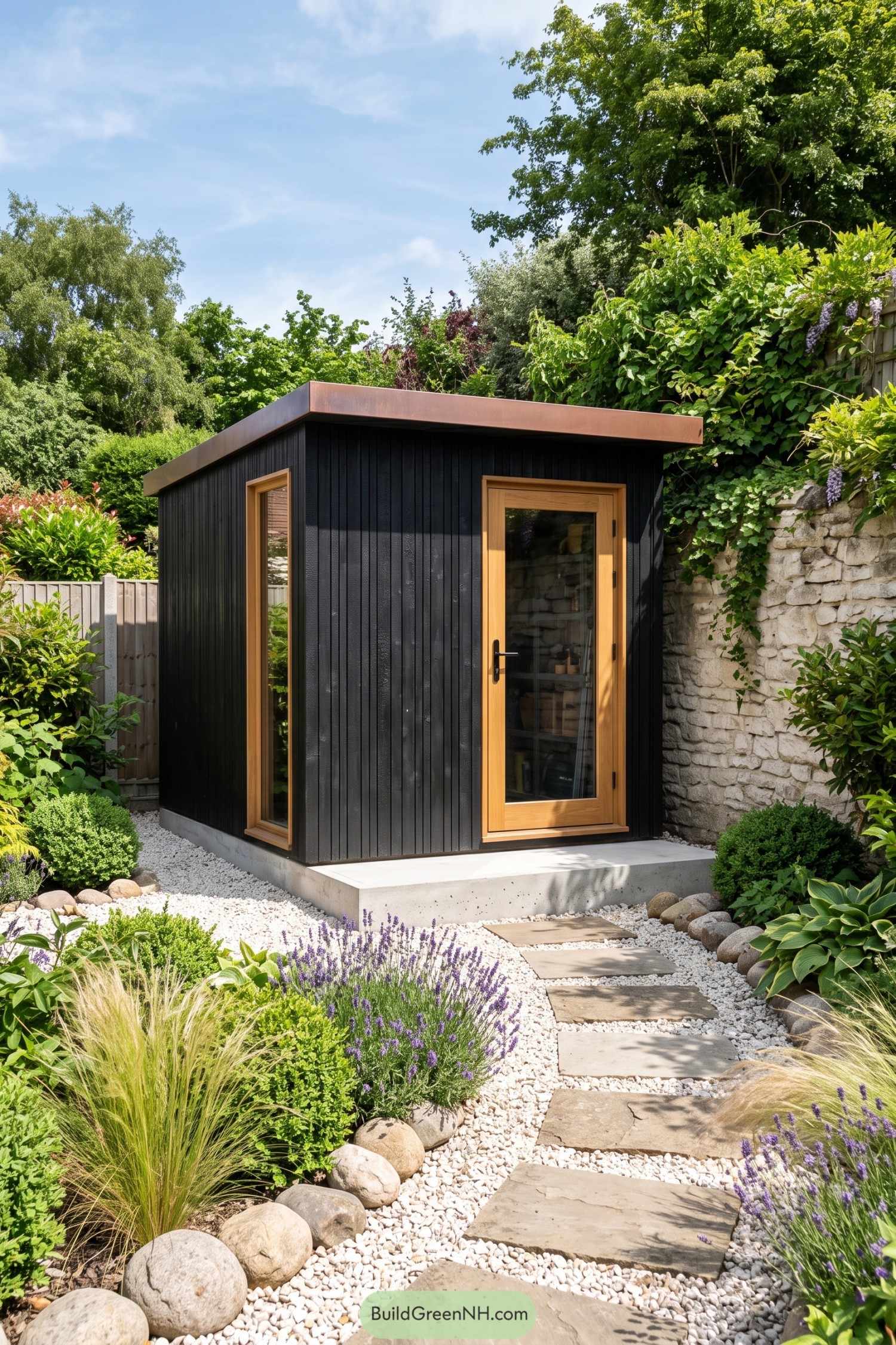 Black garden shed with timber glazed door and copper roof trim