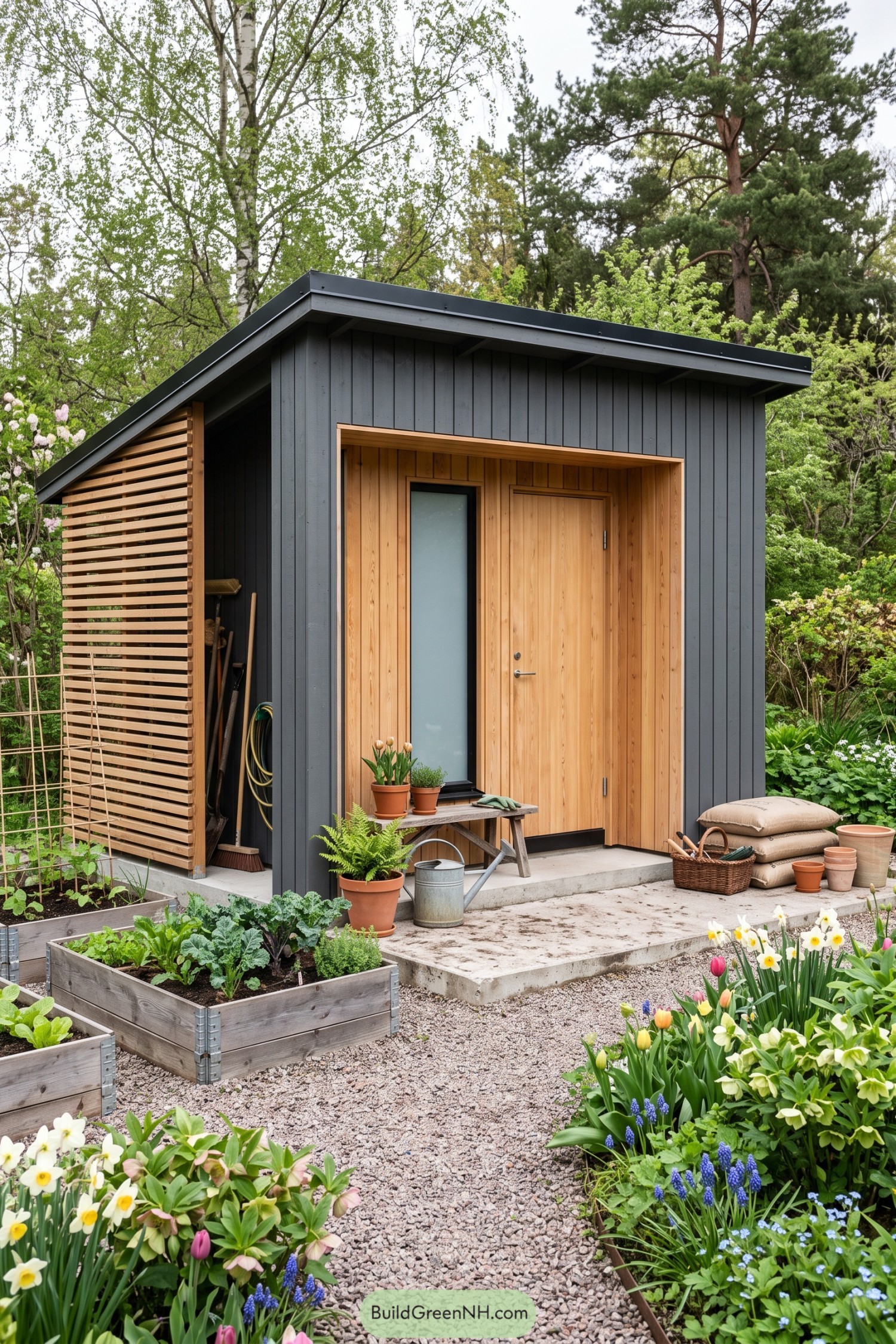 Dark gray garden shed with cedar door and slatted side screen