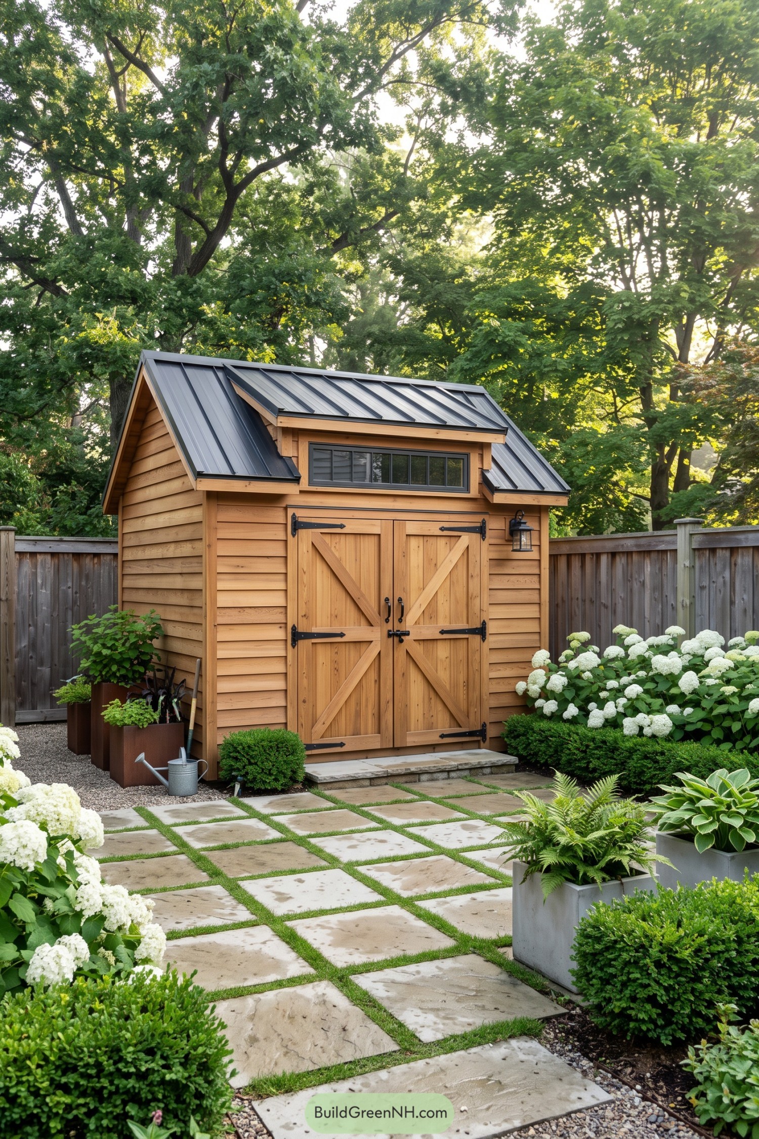 Wooden garden shed with black metal roof and barn doors