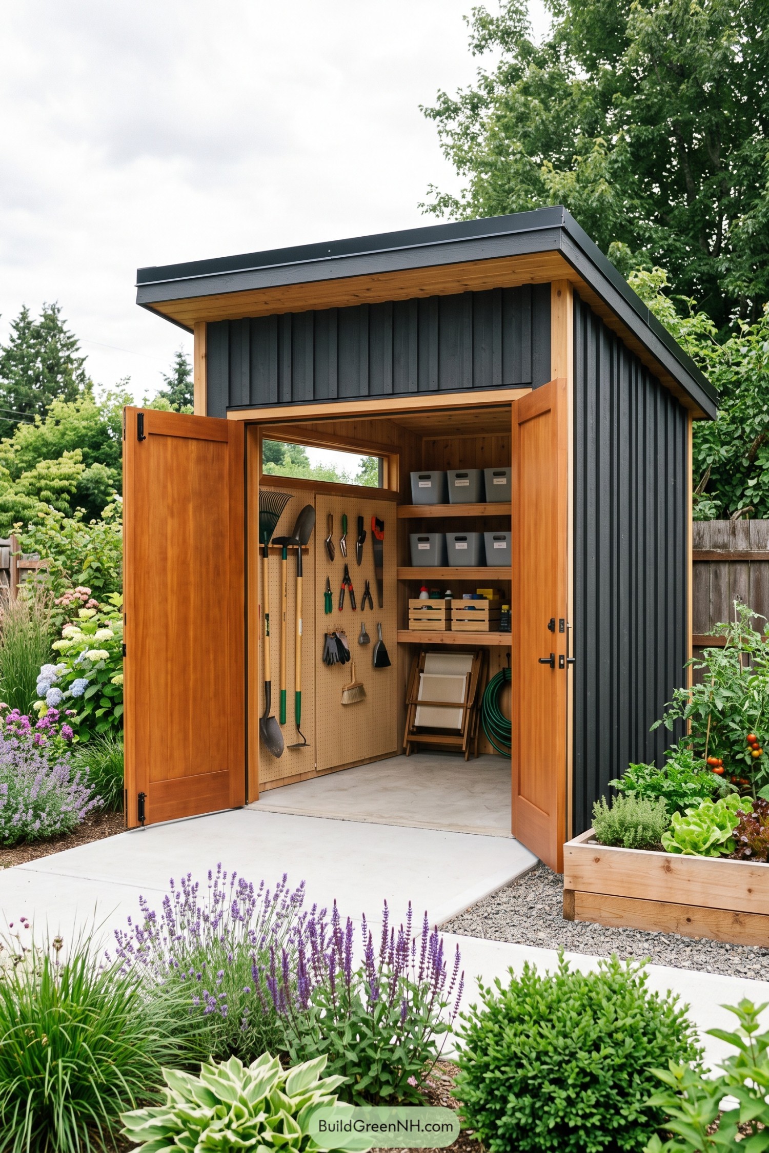 Dark vertical-clad shed with cedar doors and organized garden storage
