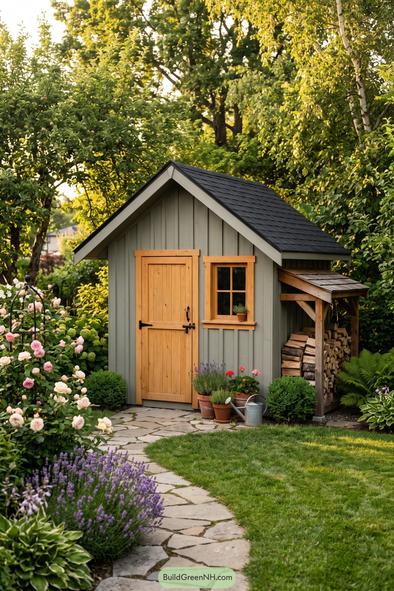 Gray gable shed with natural wood door and covered firewood rack