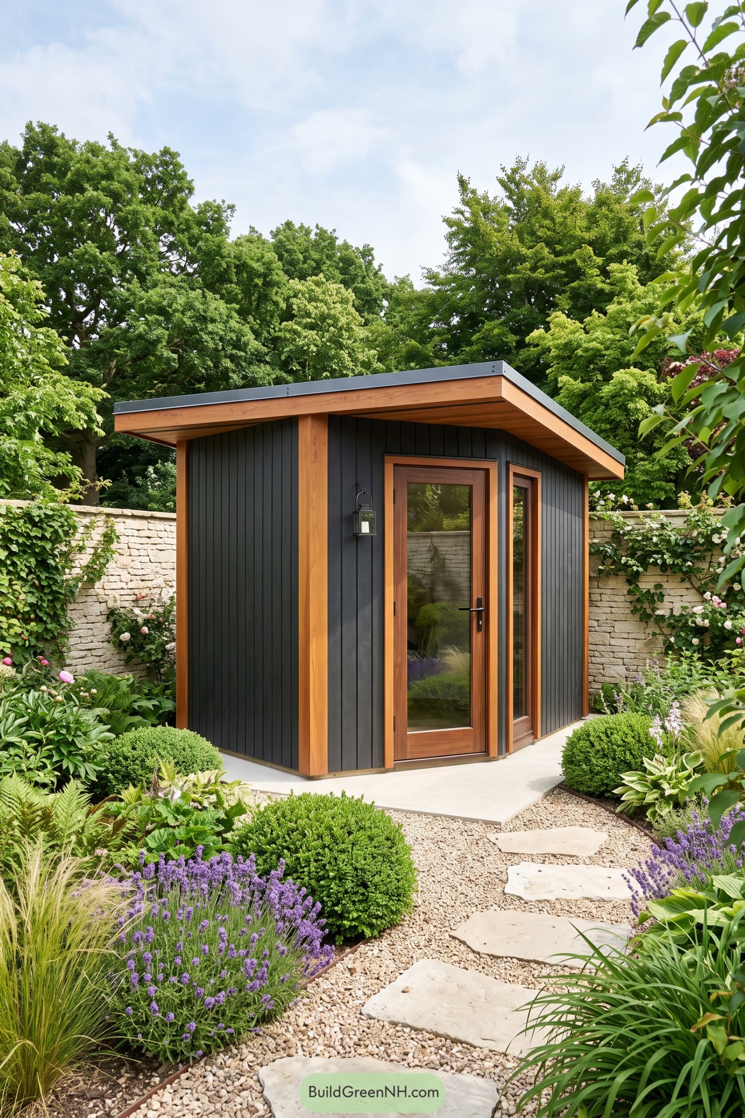 Modern black clad shed with timber trim and glazed door in a landscaped garden