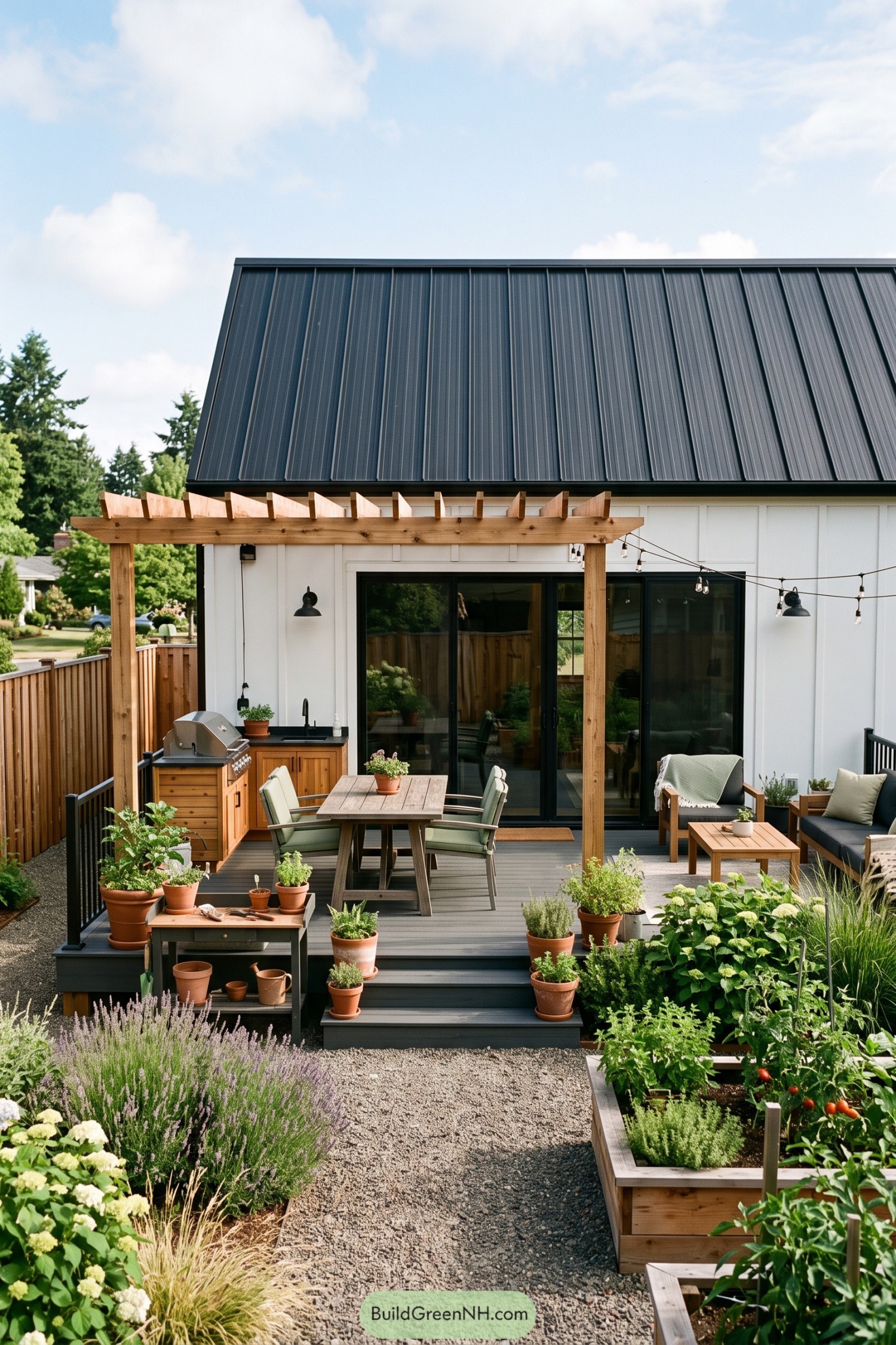 Modern barn home with pergola covered garden patio