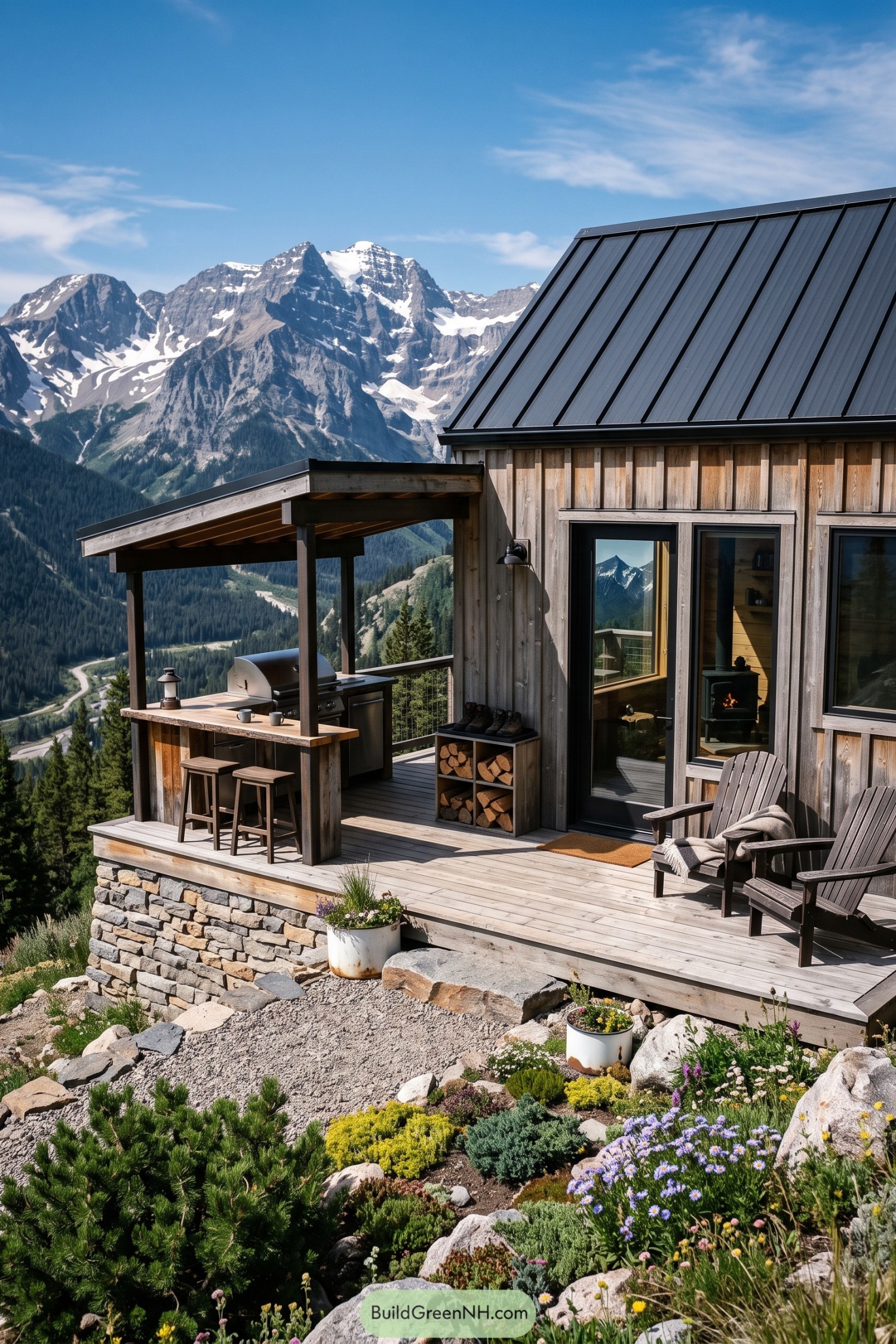 Wood-clad barn with deck kitchen overlooking snowy mountains