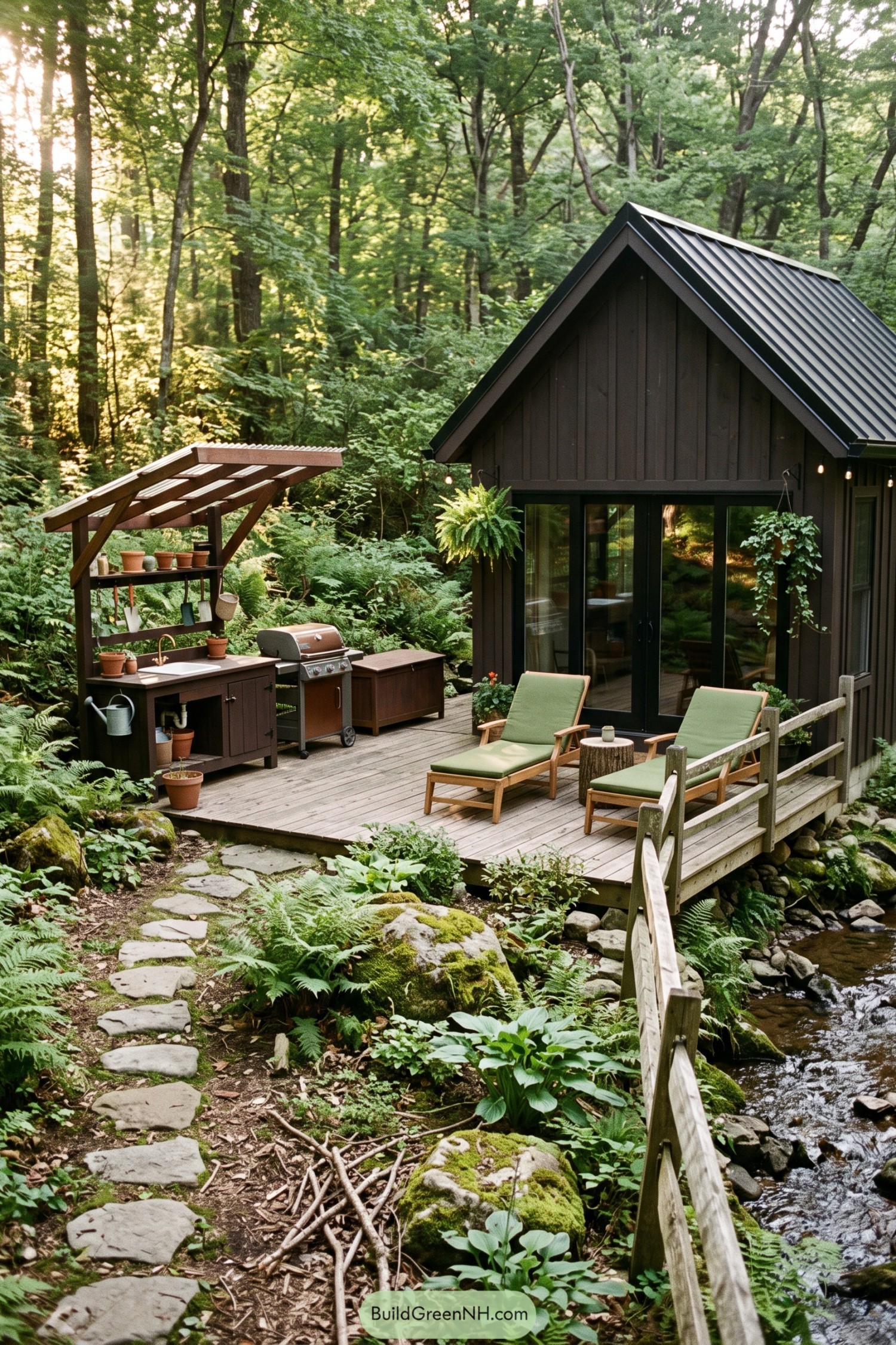 Dark barn cabin with deck kitchen beside a forest stream