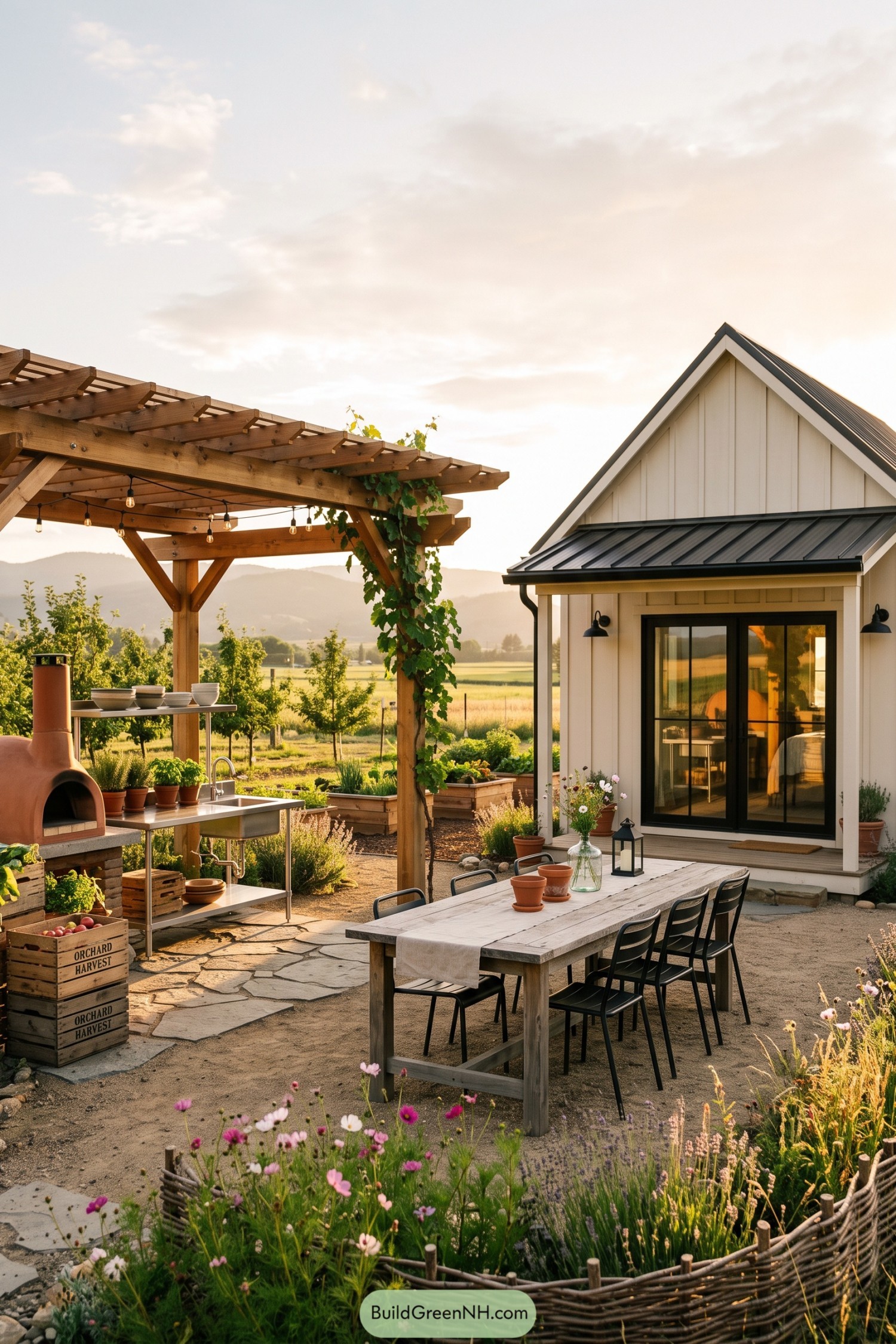 White barn house with pergola kitchen and orchard dining patio