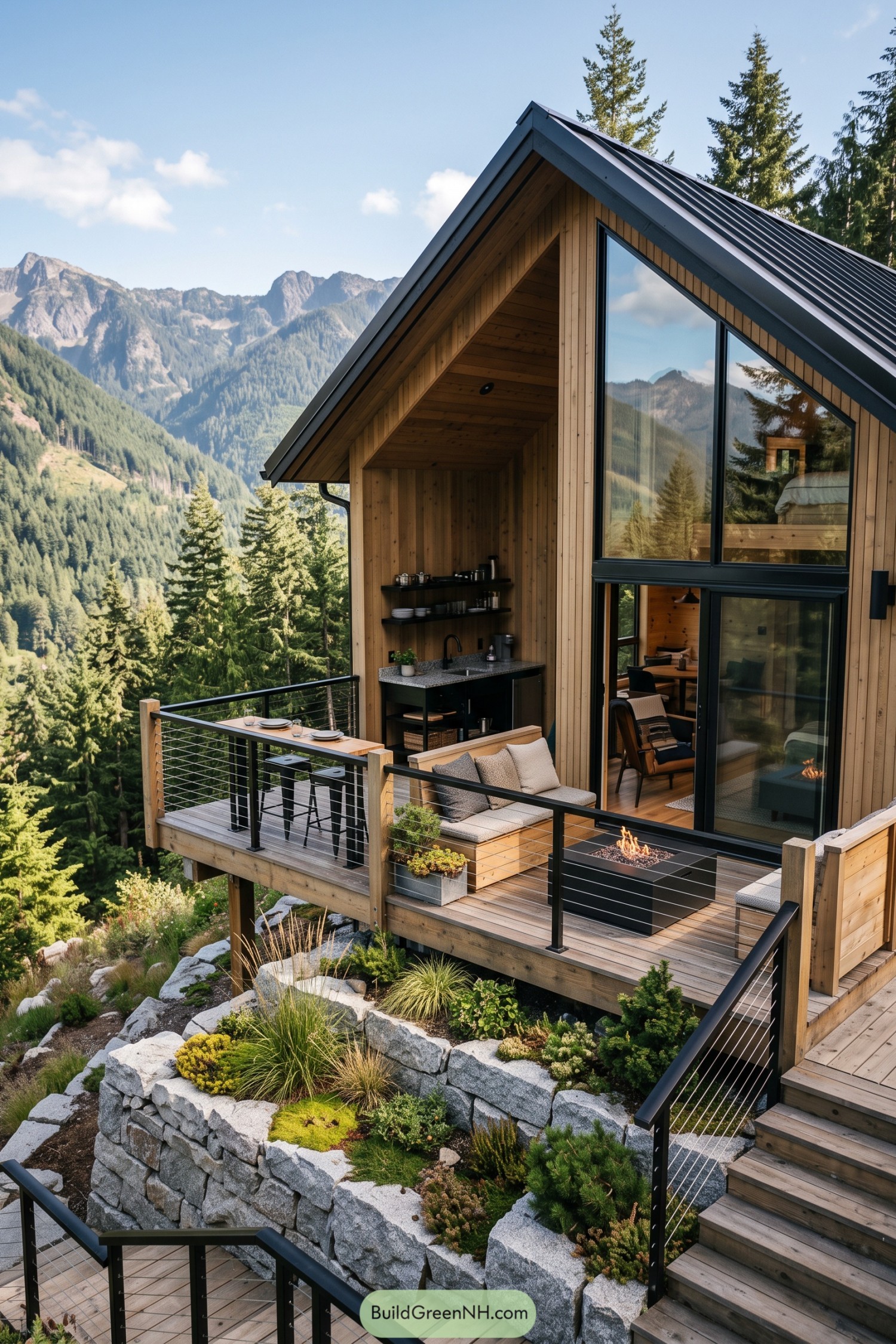 Modern timber barn with a mountain-view deck and outdoor kitchen