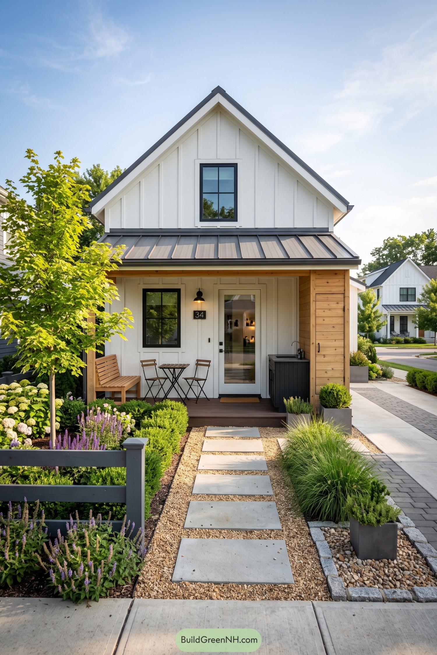 White gabled tiny barn house with a planted front stoop