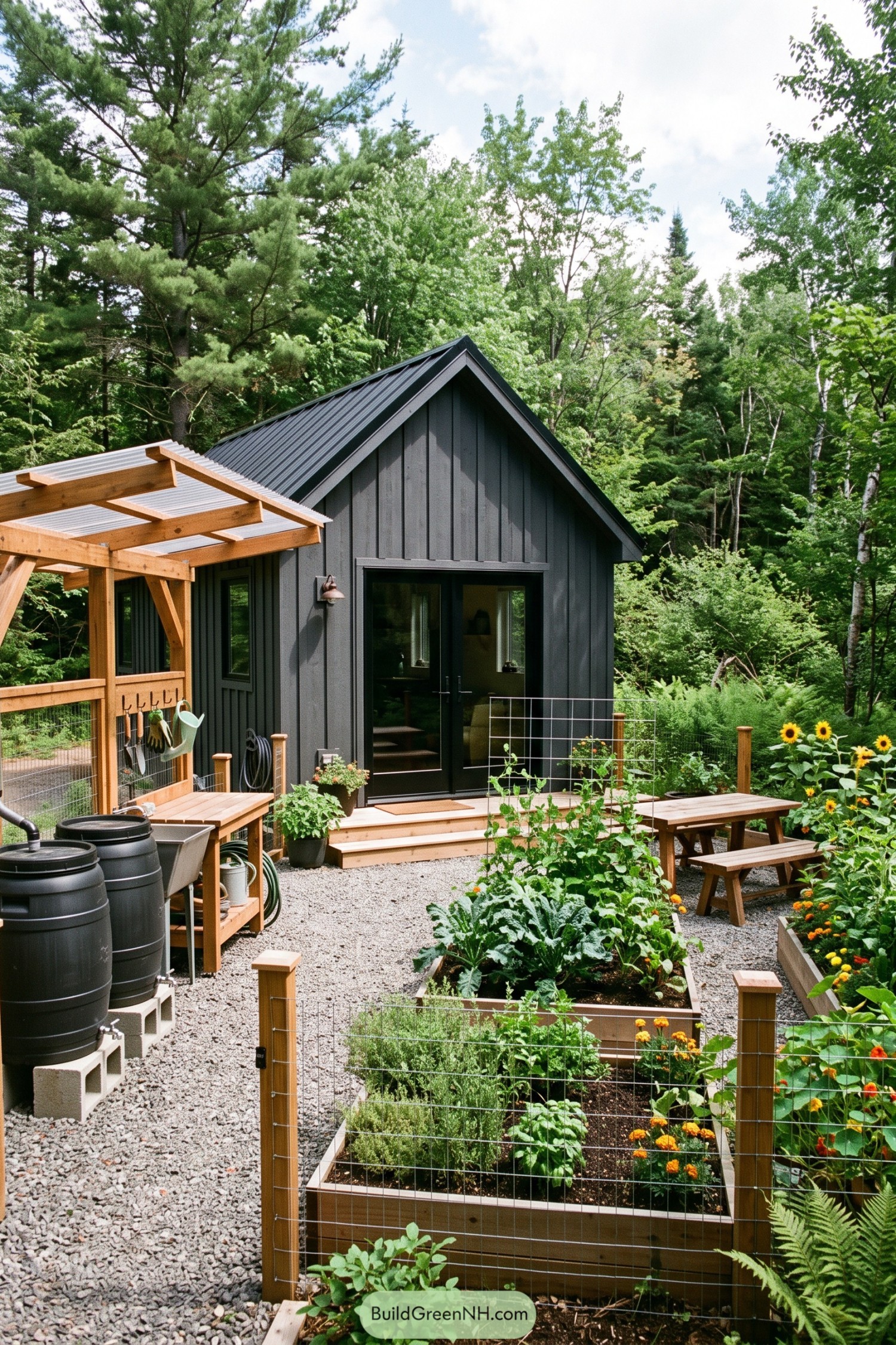 Dark tiny barn beside raised vegetable beds with rain barrels and a timber pergola