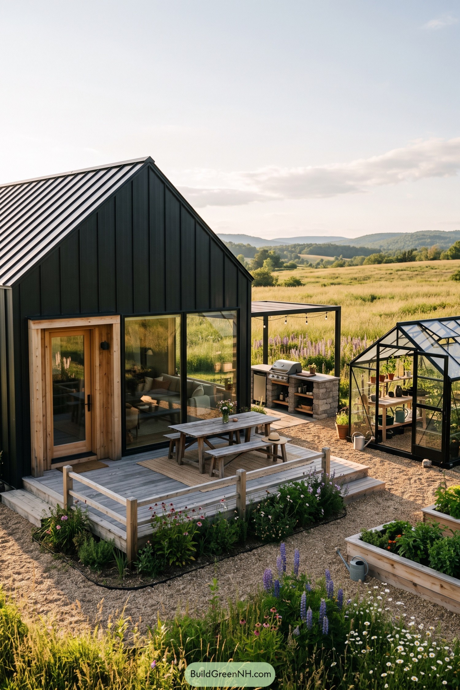 Black barn cottage with deck greenhouse garden beds and outdoor grill
