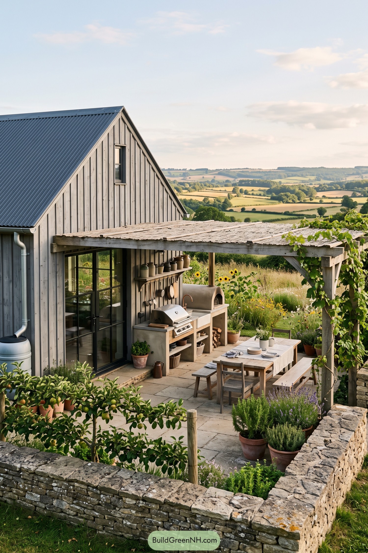 Tiny barn with a pergola kitchen and stone patio
