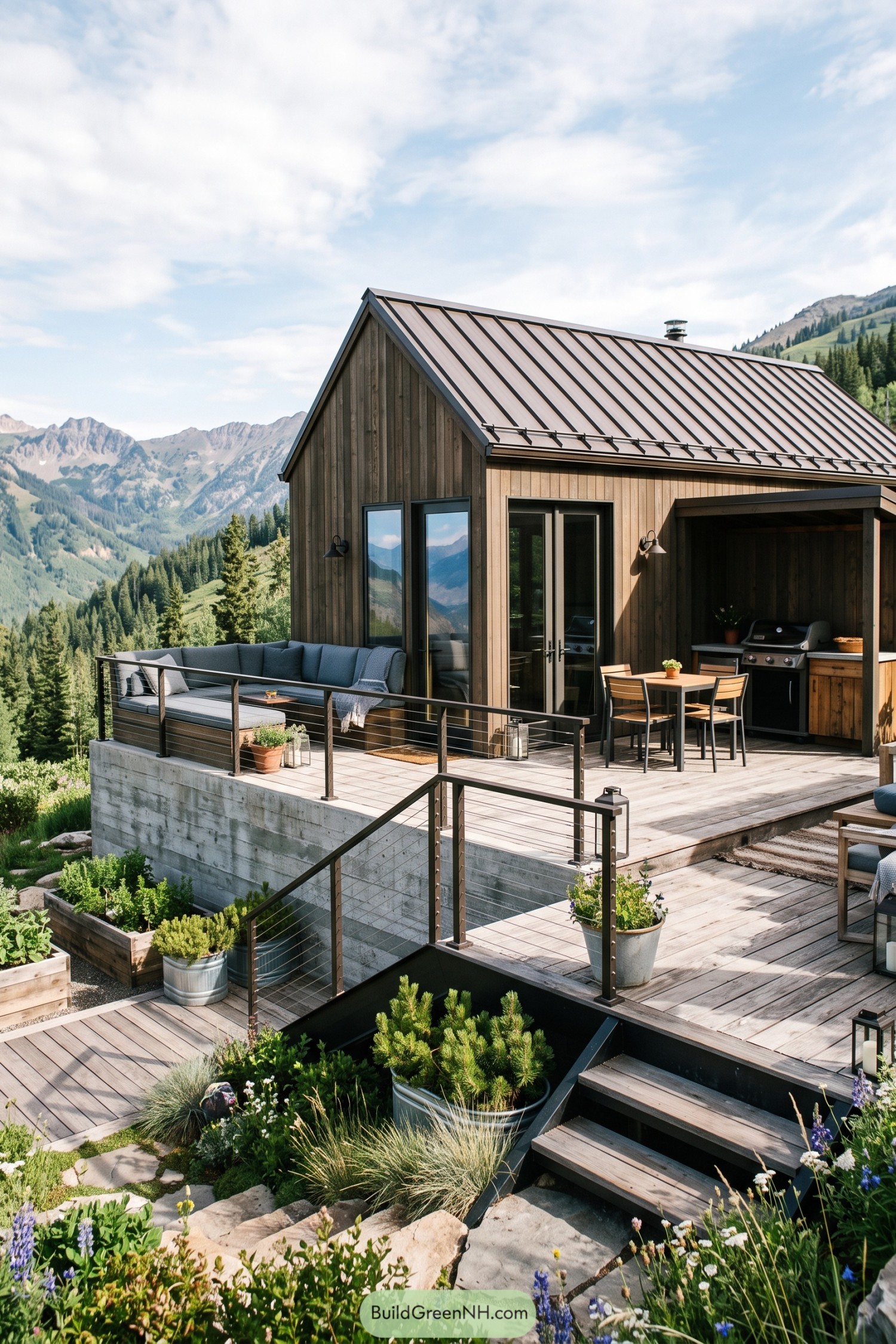 Tiny barn home with terraced mountain deck