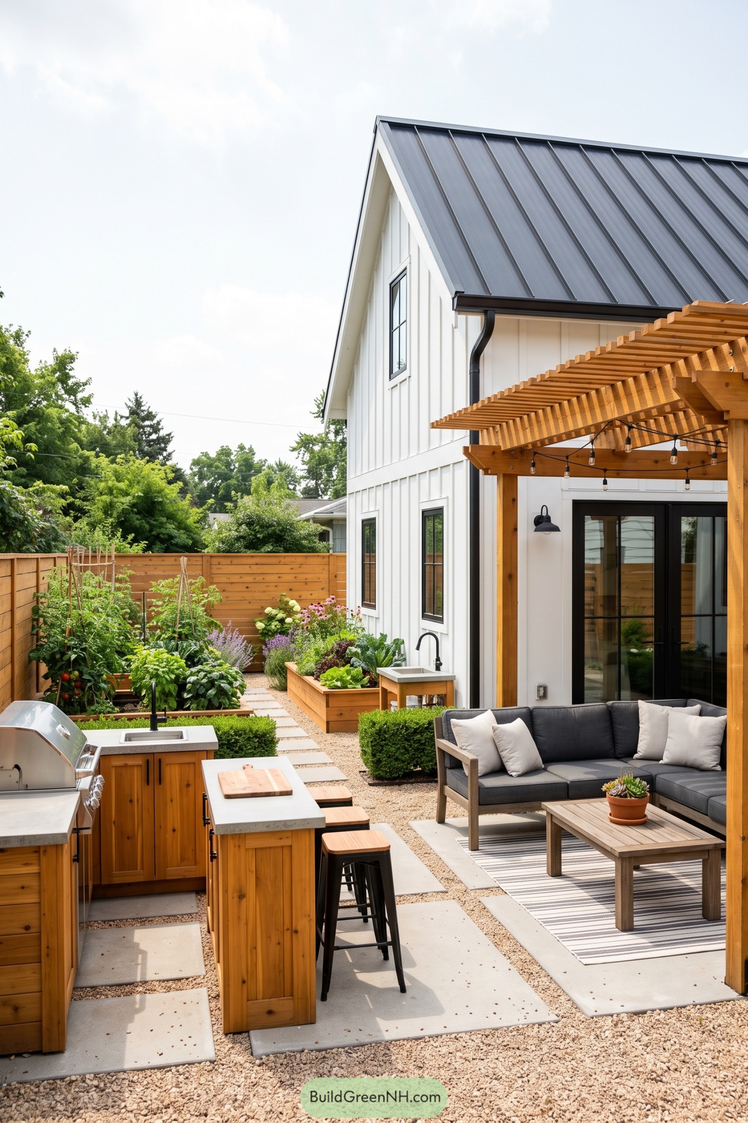 White barn house with a pergola patio outdoor kitchen and vegetable garden