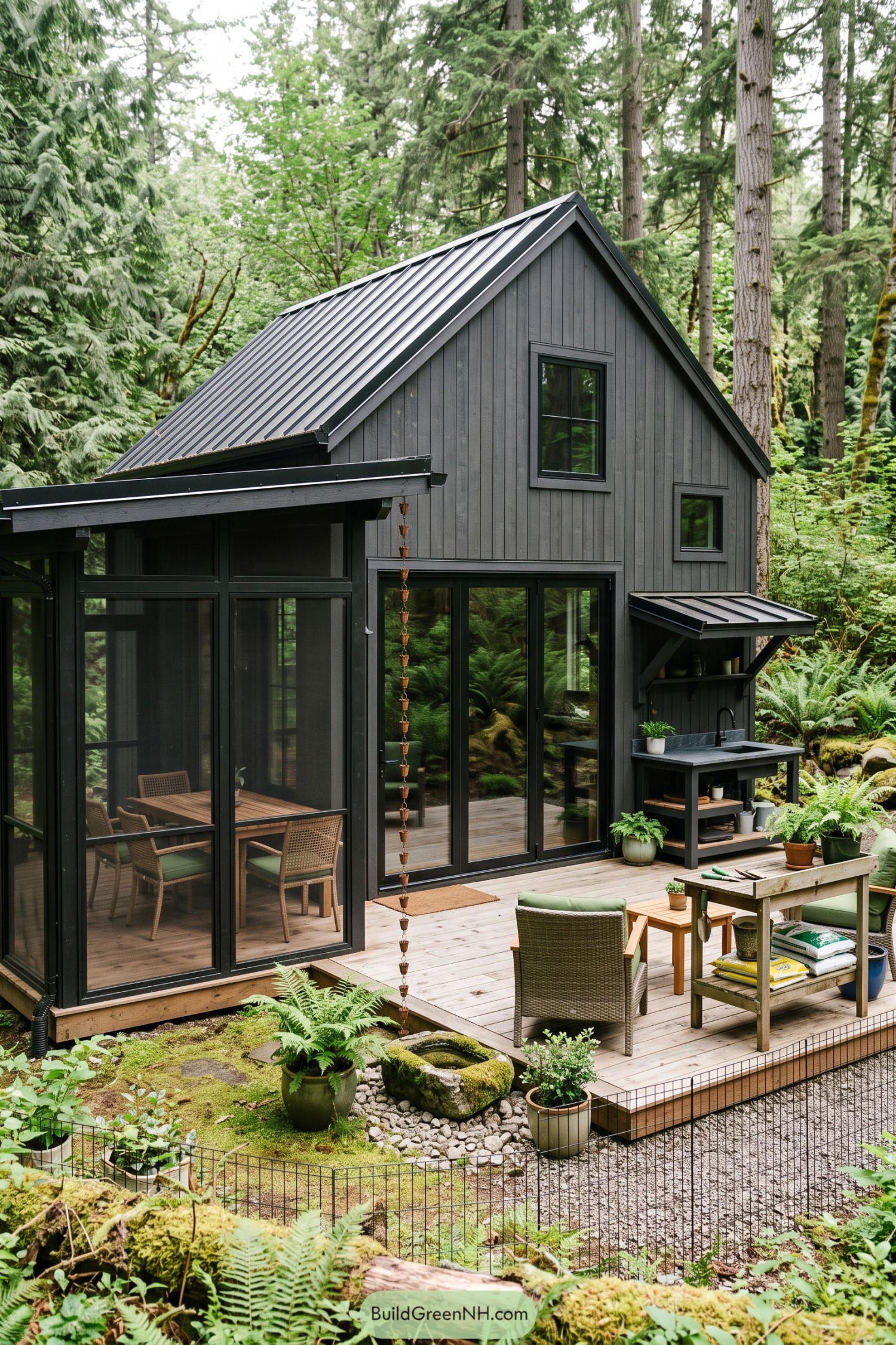 Dark barn house with deck and garden sink