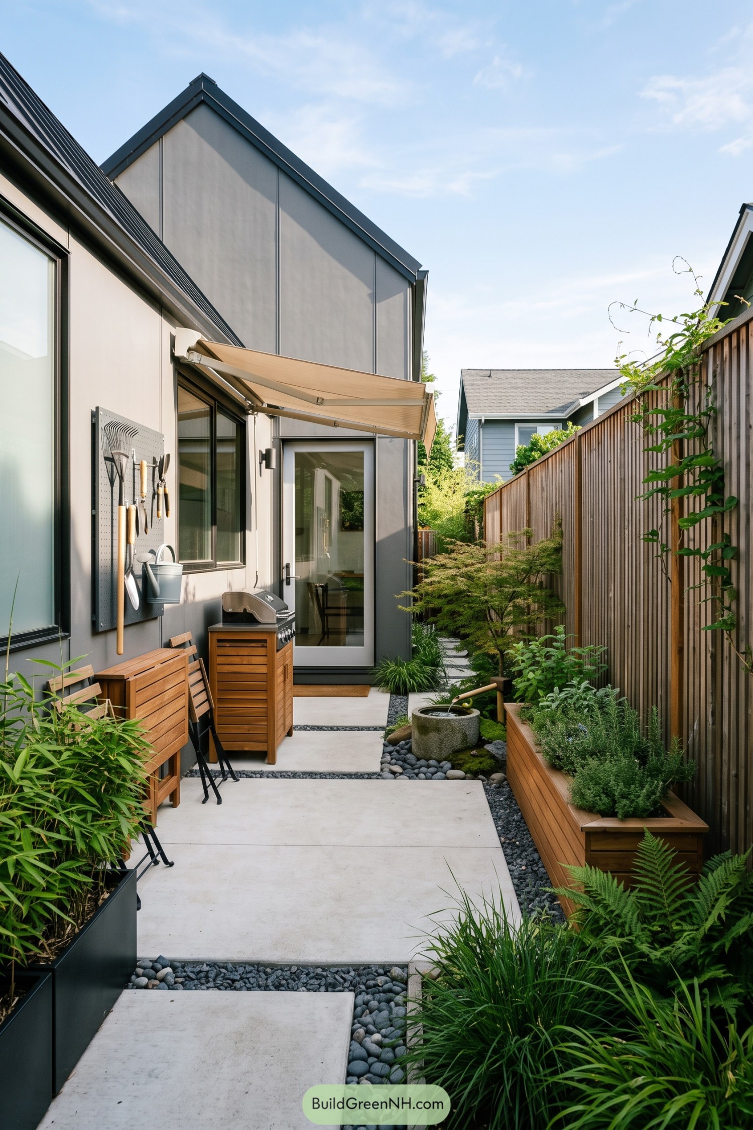 Narrow barn courtyard with a retractable awning and planted borders