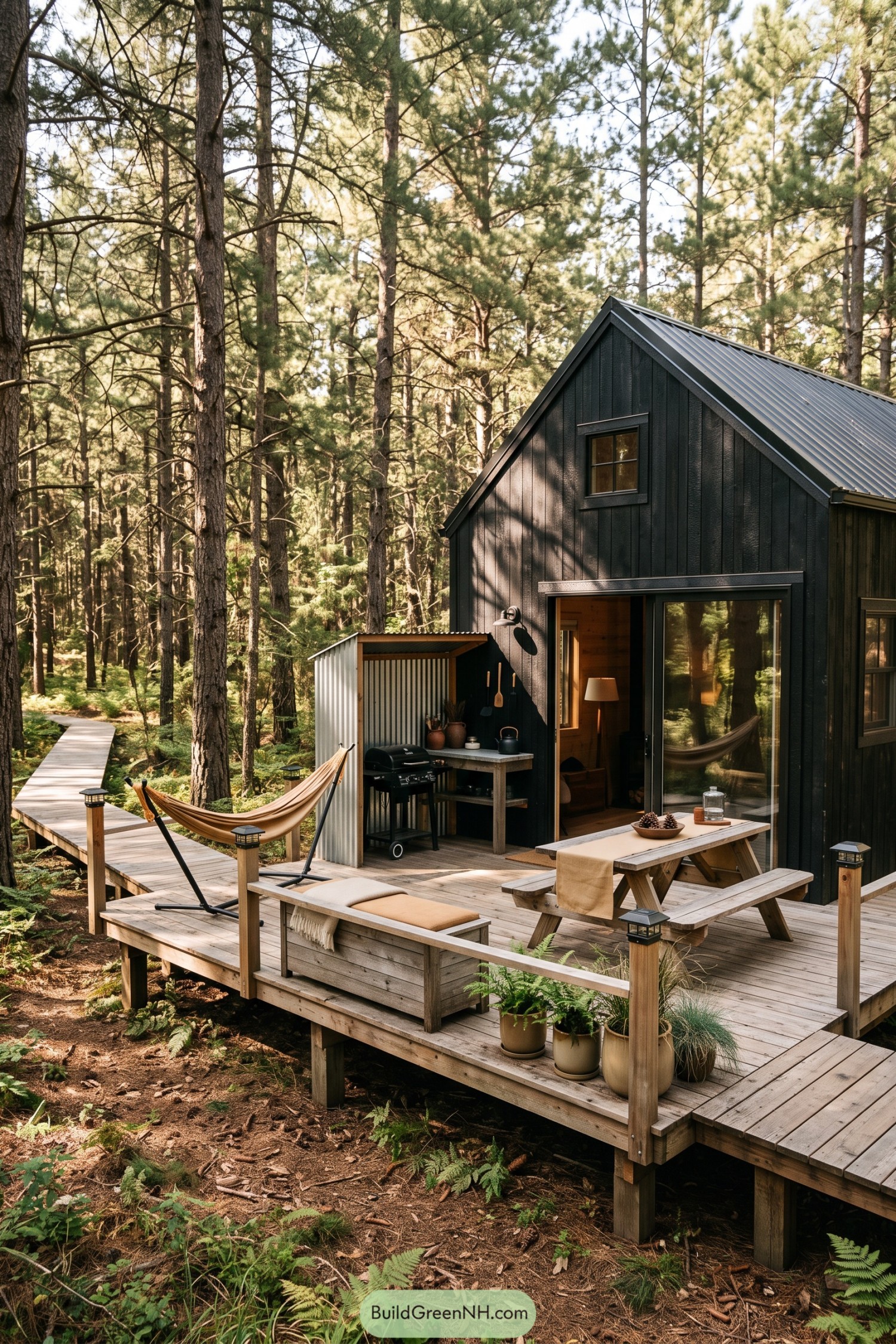 Black barn cabin with forest deck hammock and grill nook
