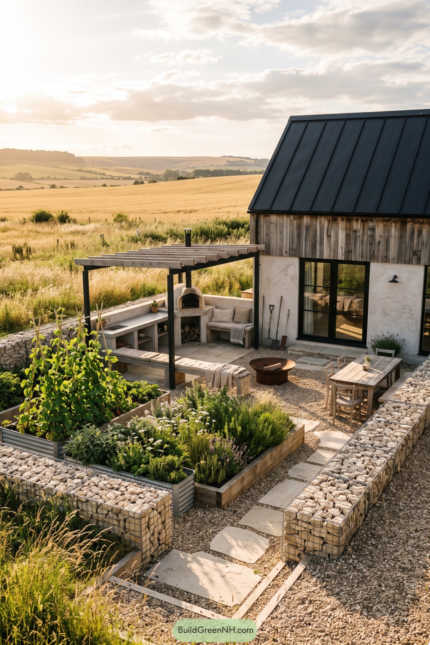 Tiny barn with a pergola kitchen and pizza oven