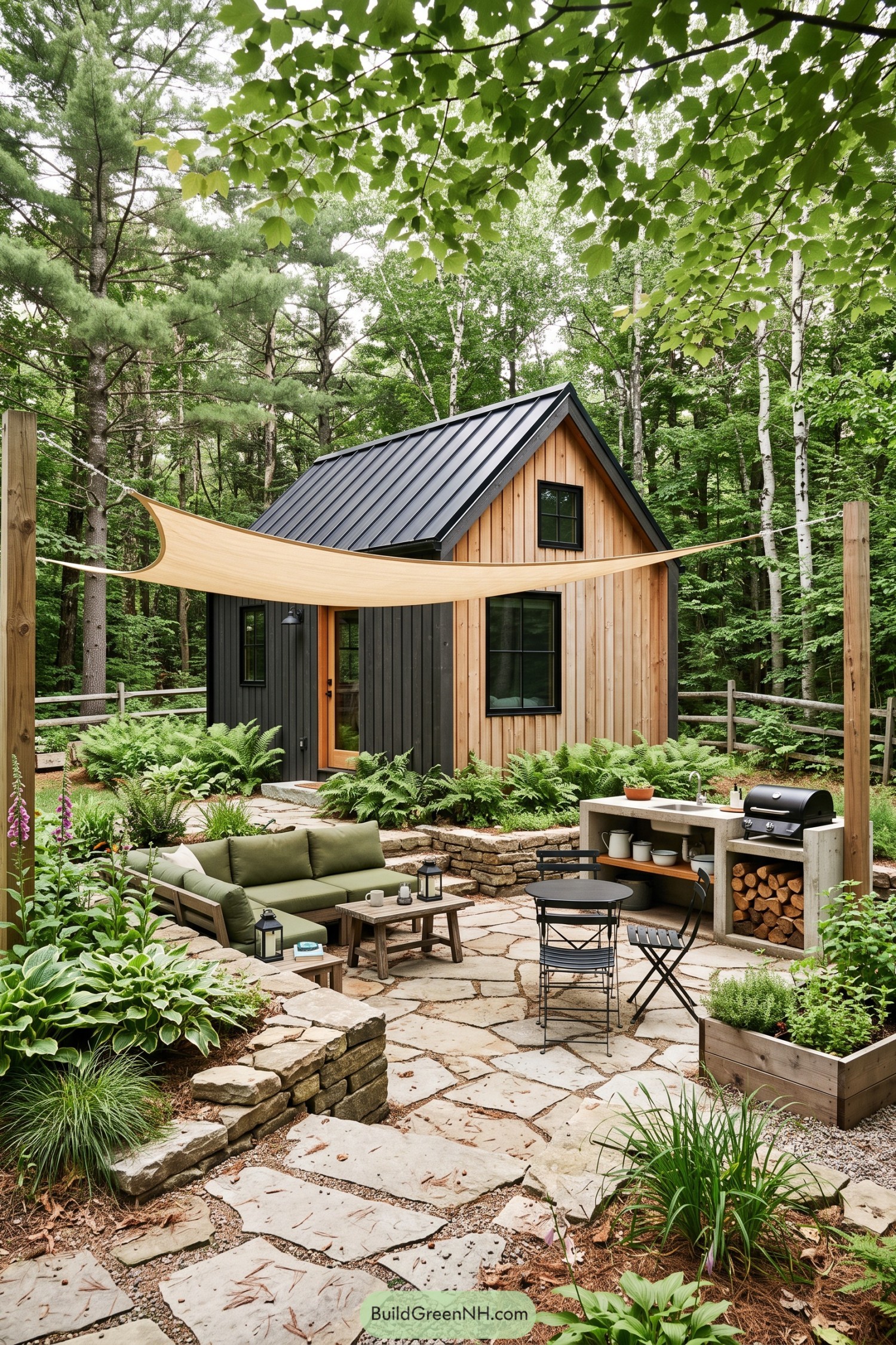 Compact cedar cottage with a shaded stone patio and outdoor kitchen