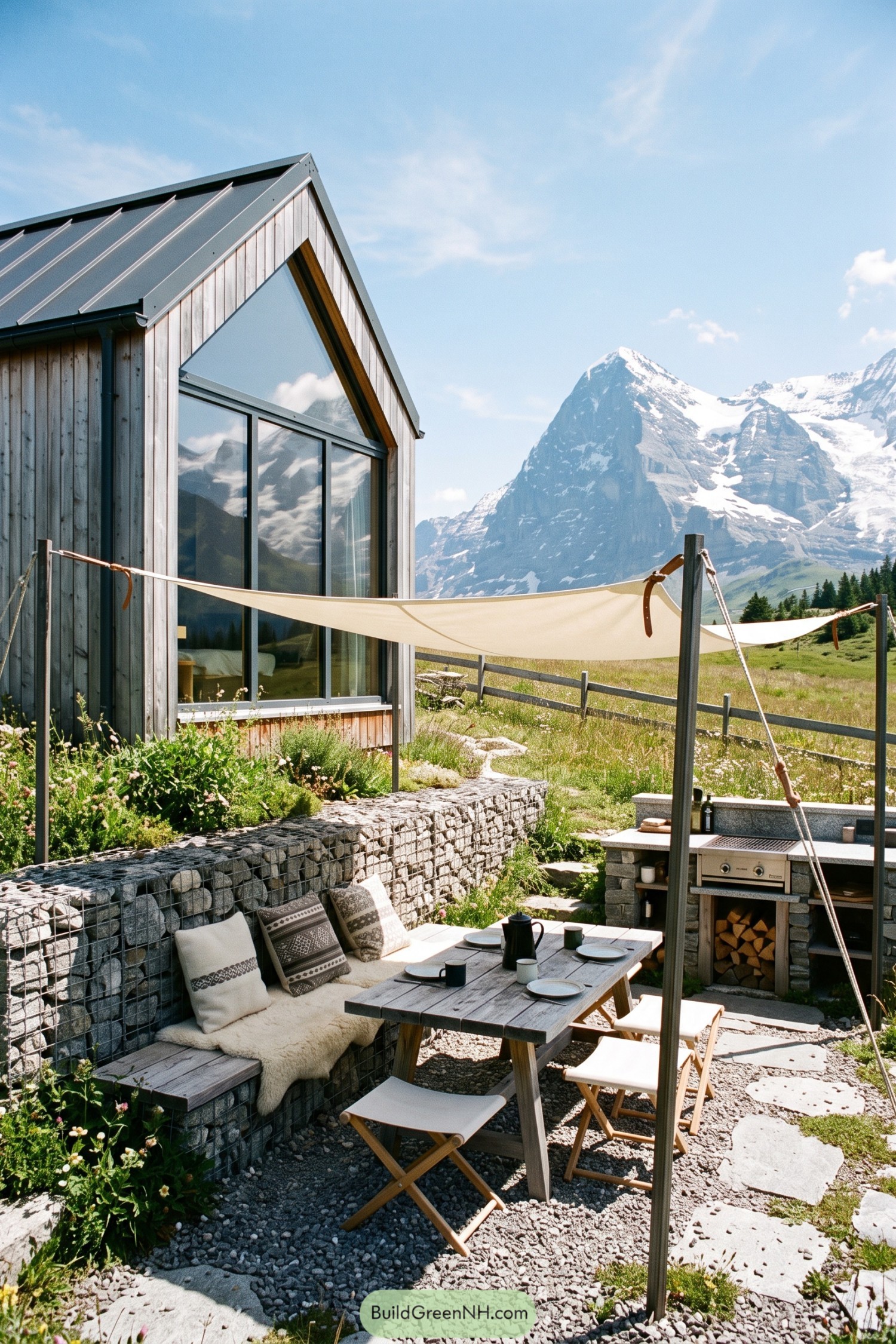 Timber cottage patio with mountain views and outdoor kitchen