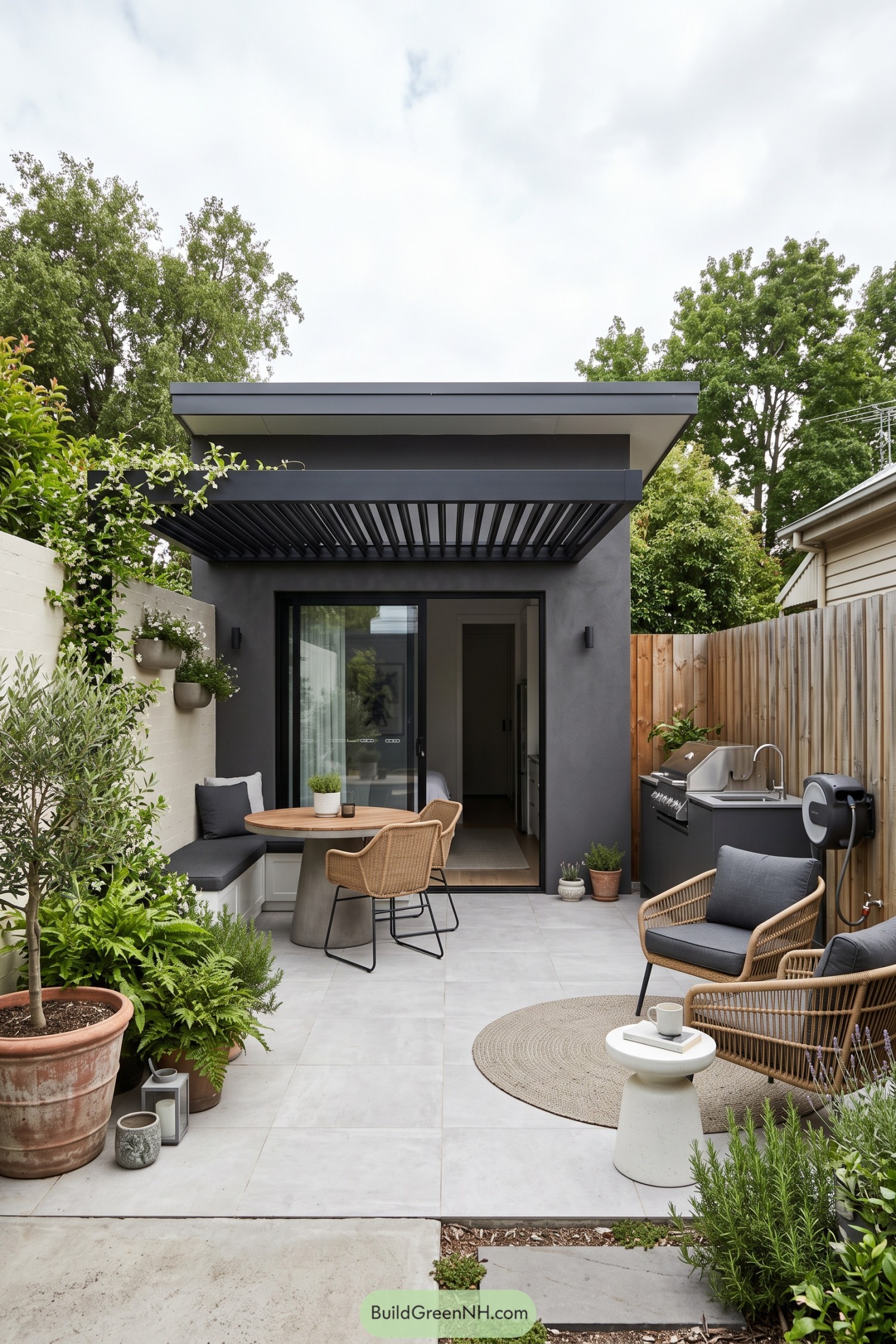 Compact charcoal cottage with louvered patio and outdoor kitchen
