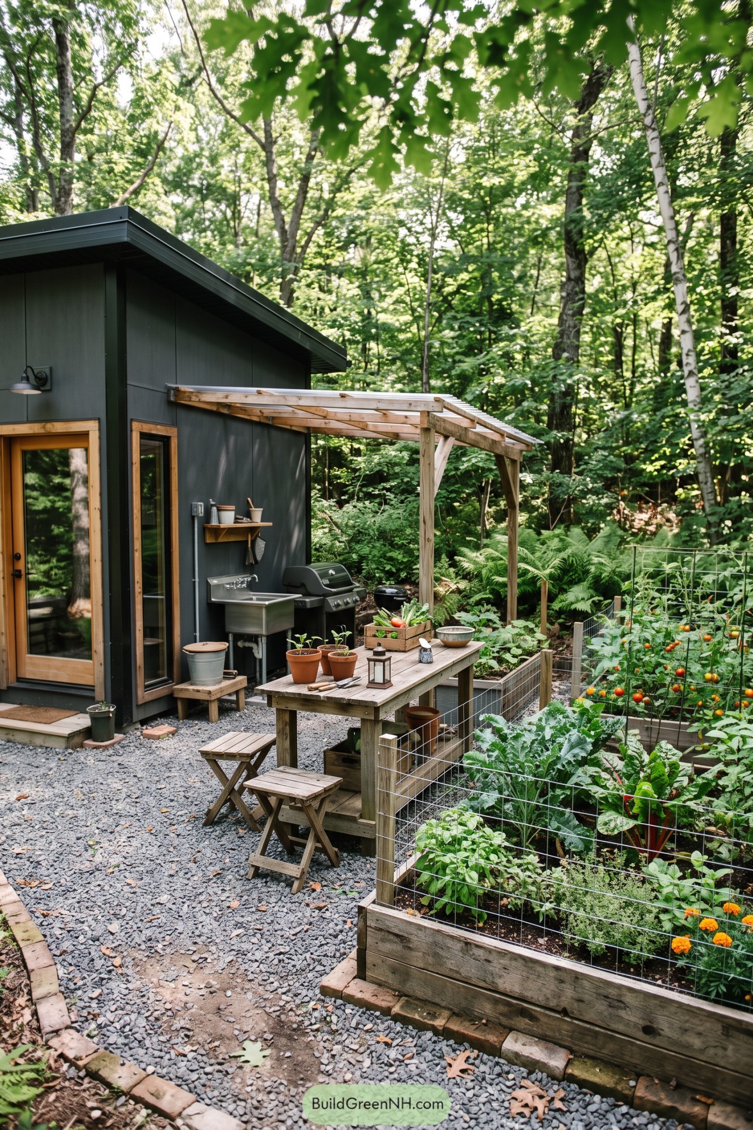 Compact cottage kitchen beside raised vegetable beds beneath a simple timber canopy