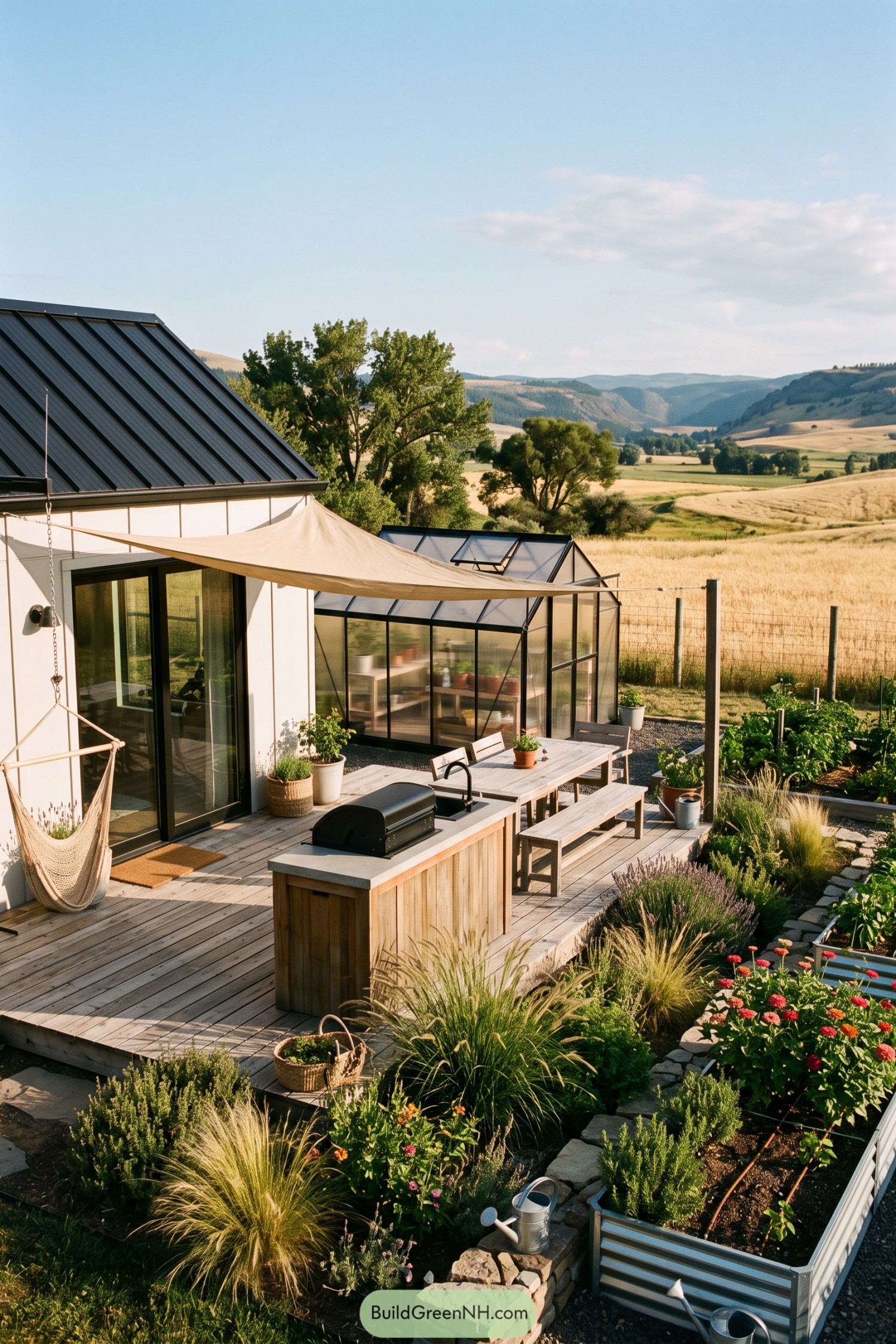 Tiny cottage deck with greenhouse kitchen and raised garden beds