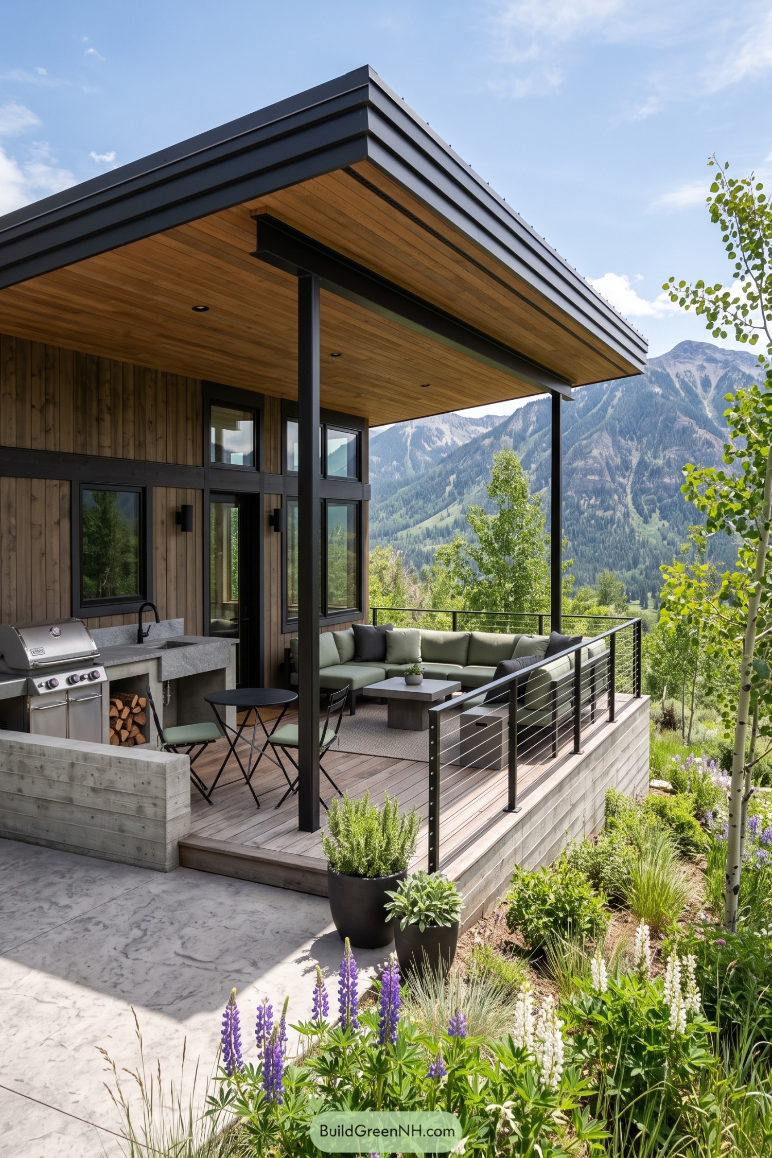 Covered mountain cottage deck with grill and sectional seating