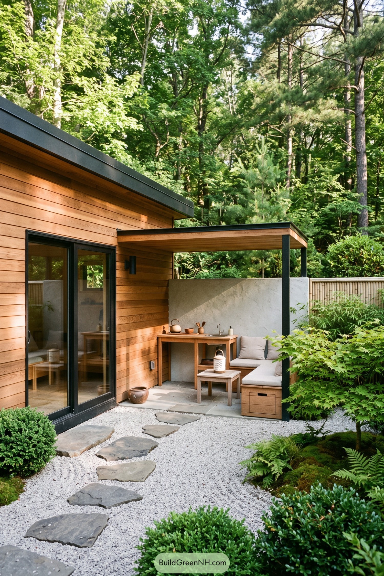 Wood clad cottage with a covered outdoor kitchen and gravel garden