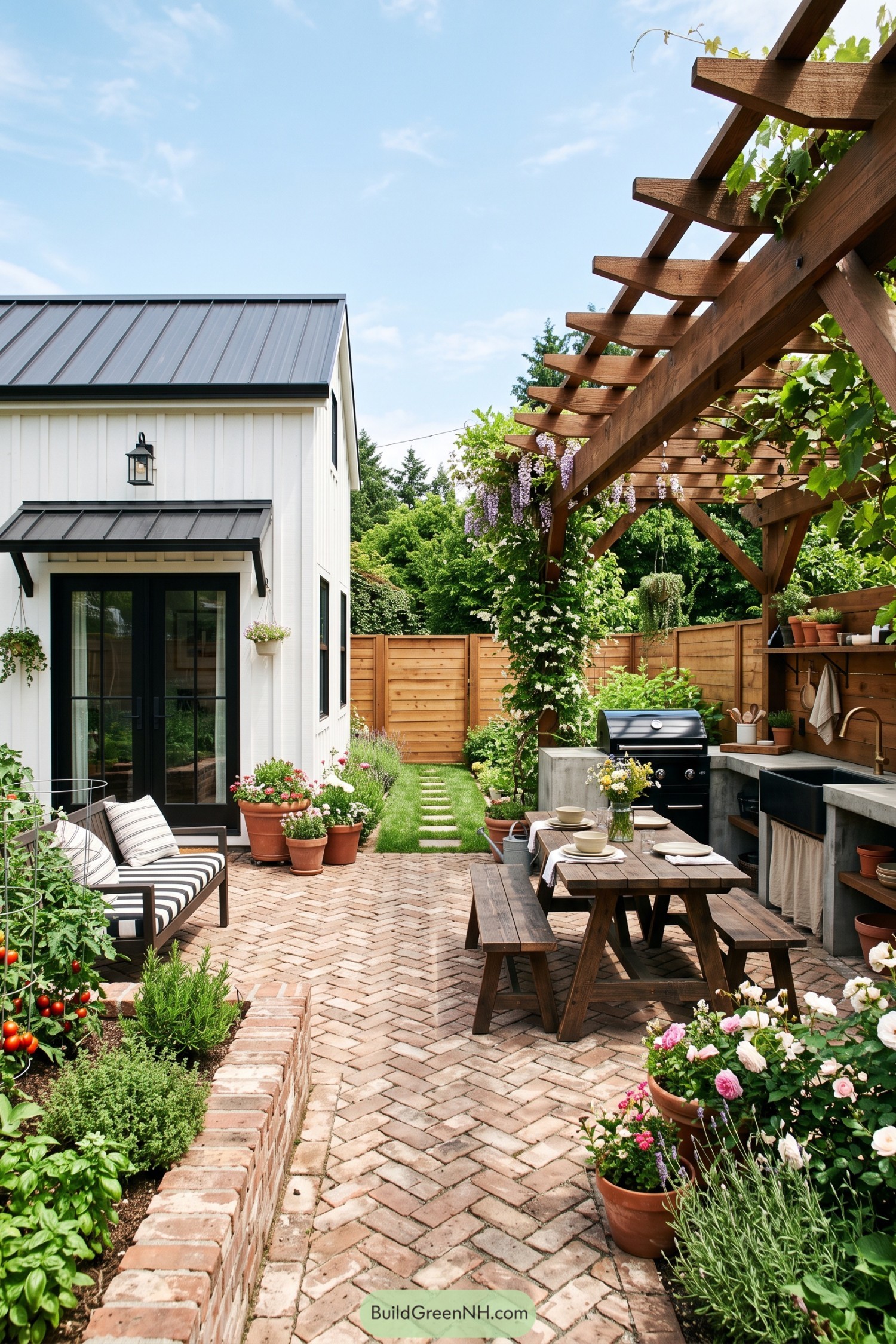 Compact cottage courtyard with a pergola covered outdoor kitchen and dining table