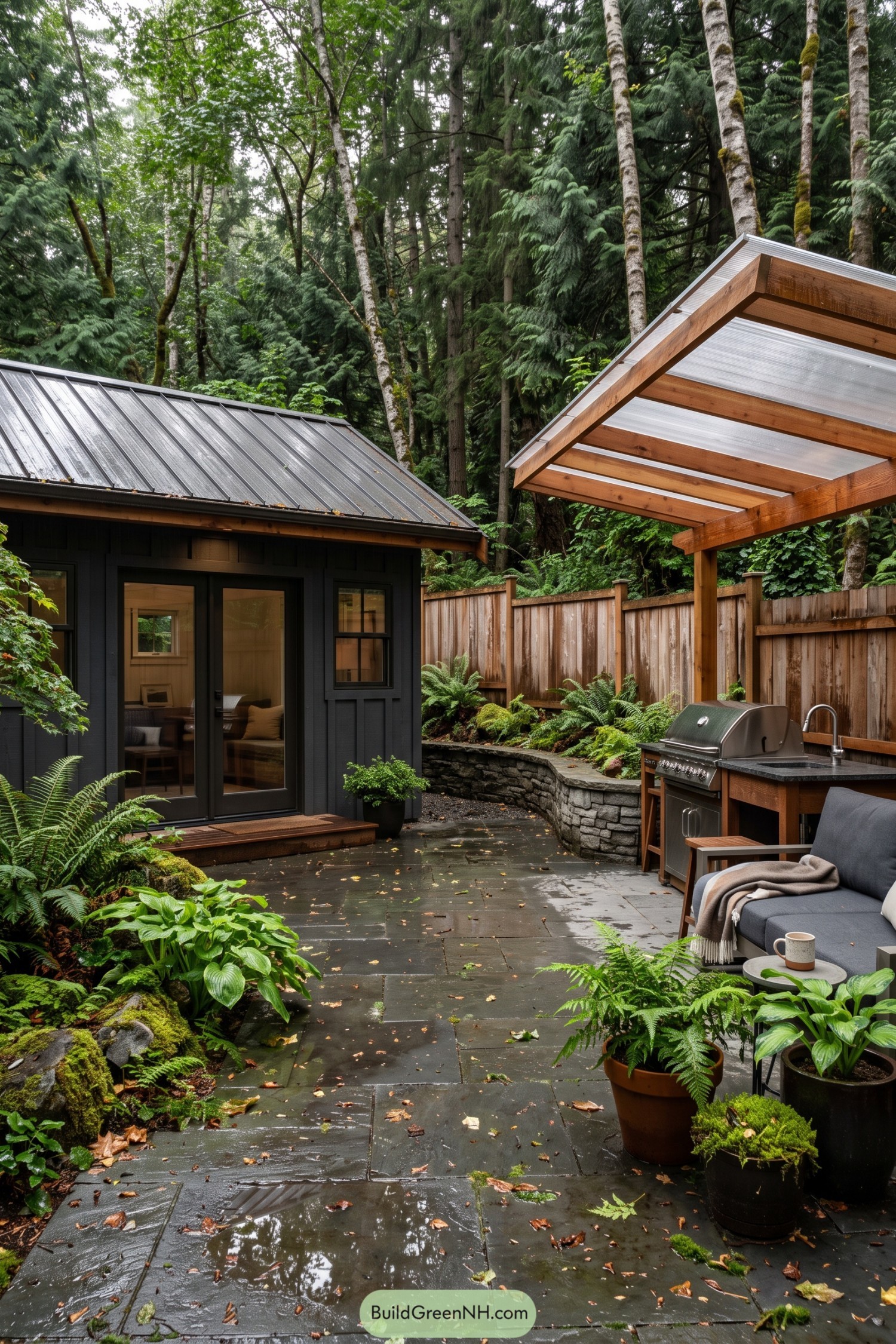 Forest cottage patio with covered outdoor grill kitchen