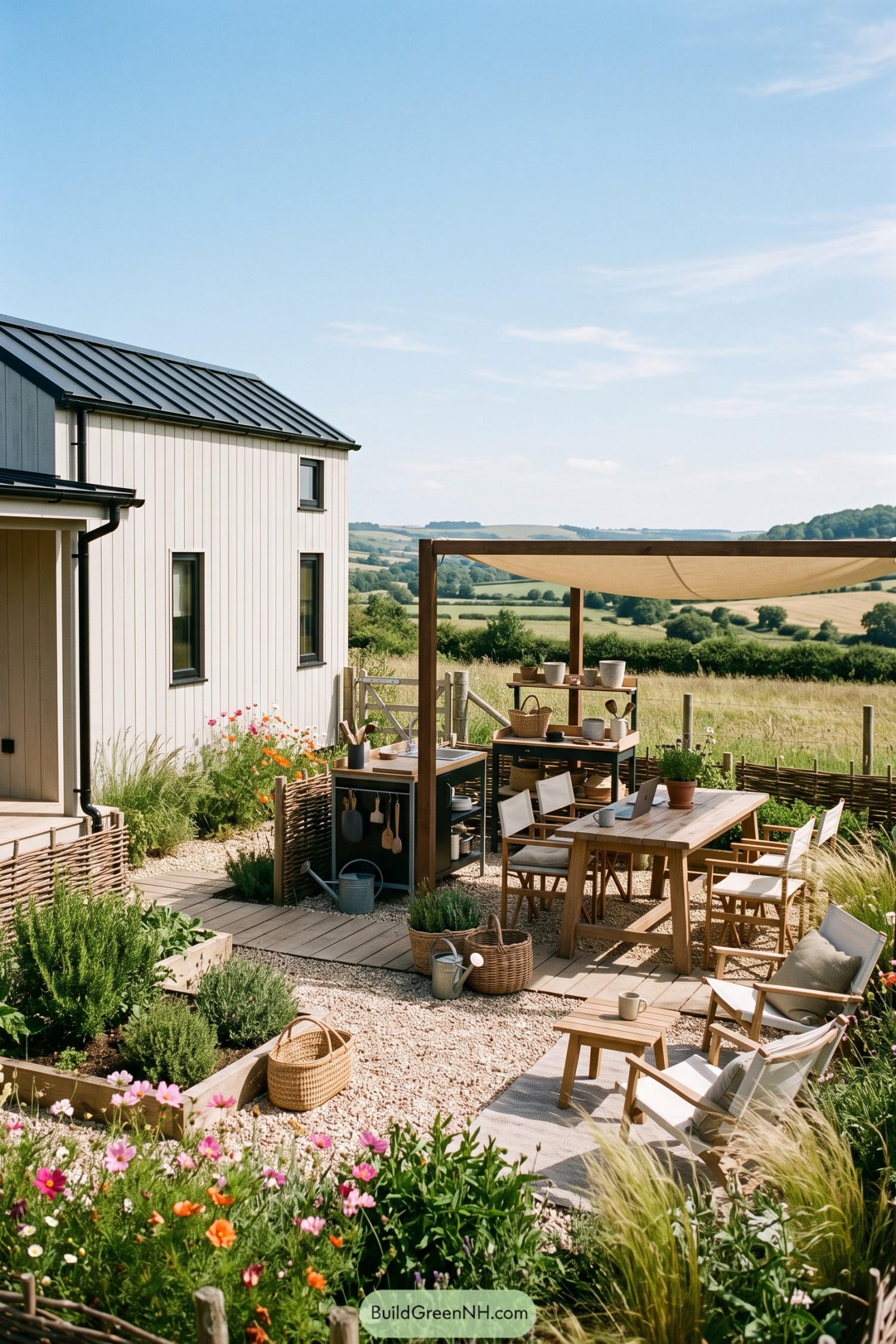 Outdoor kitchen and dining patio beside a tiny cottage overlooking farmland